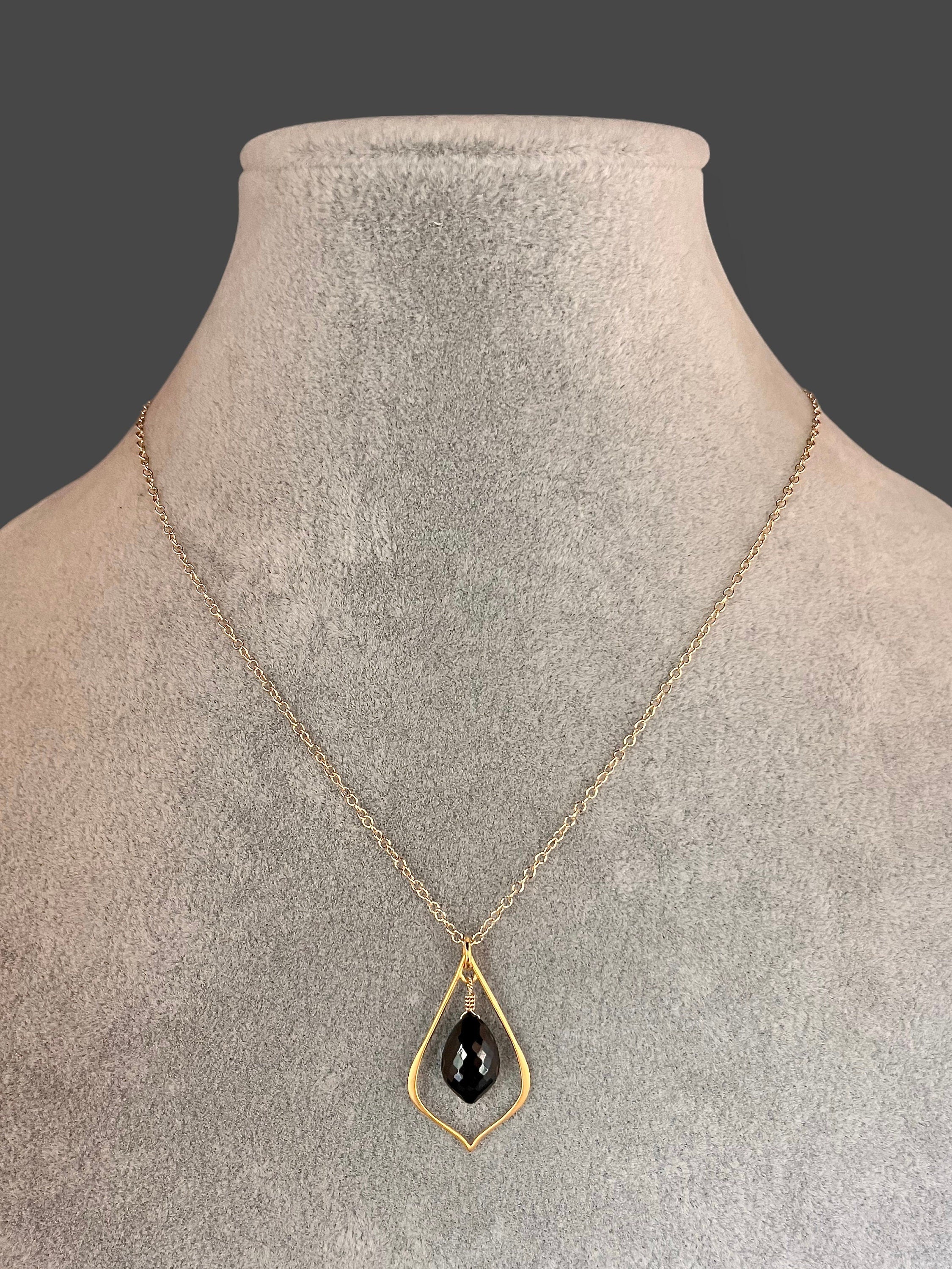 Black Spinel Marquise Pendant Necklace with a Matte Gold Vermeil Frame