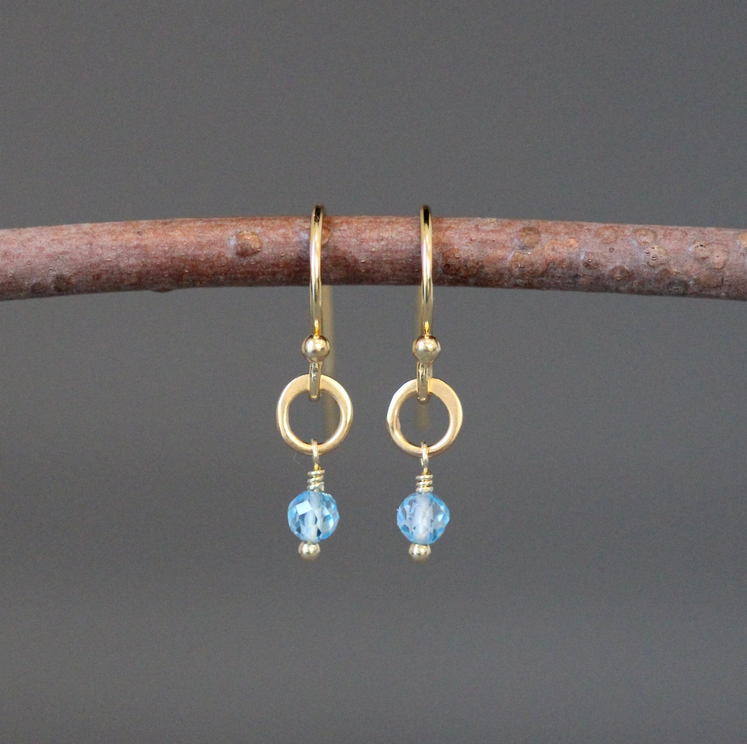 Blue Topaz Earrings on Matte Gold Vermeil Circle Links