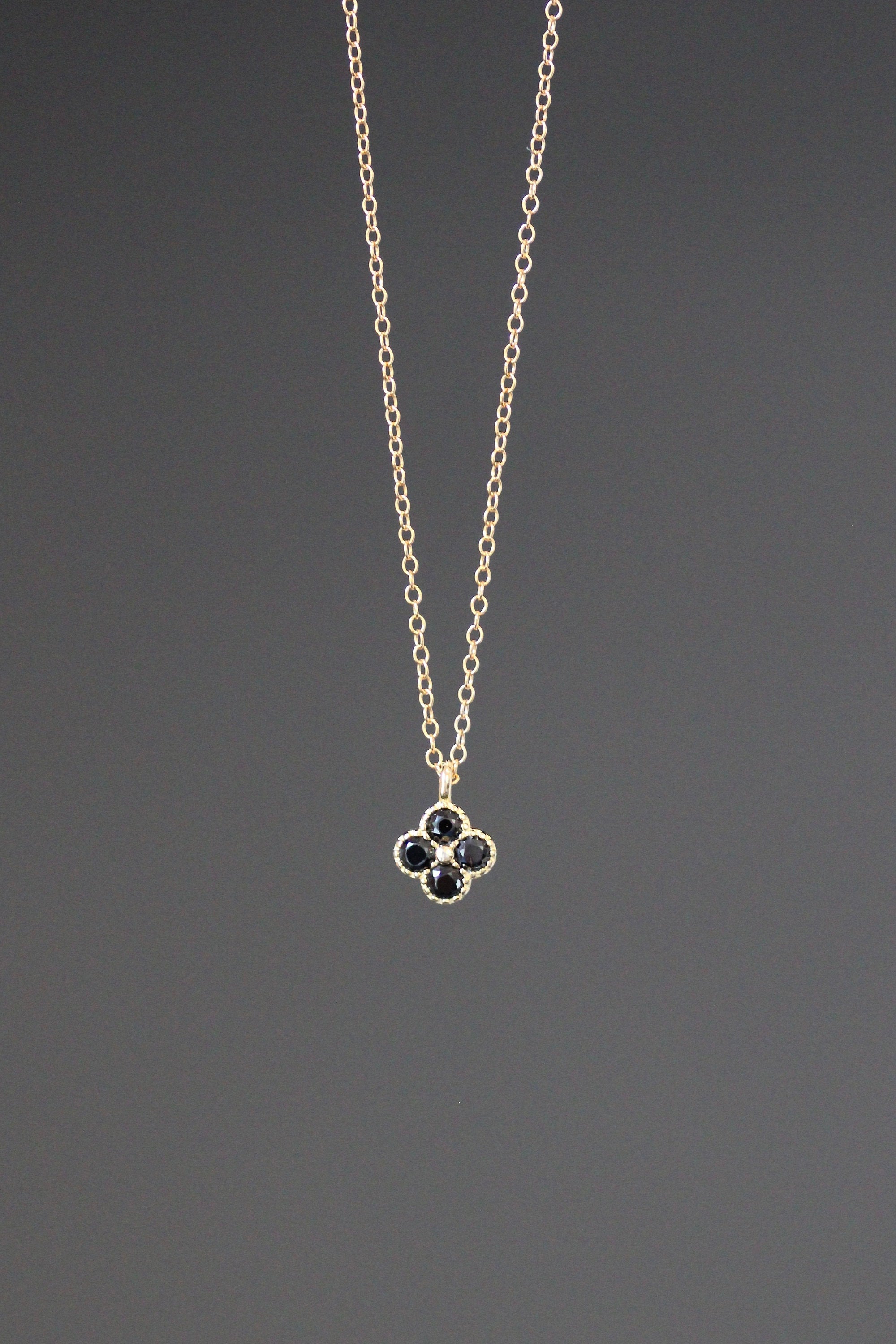 Black Onyx and Gold Vermeil Flower Pendant Necklace on Gold Filled Chain