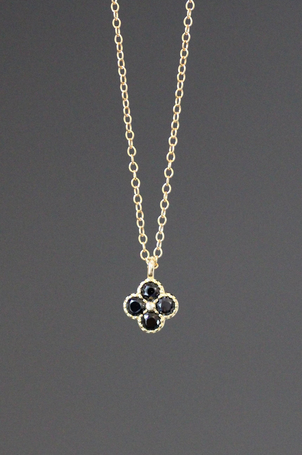Black Onyx and Gold Vermeil Flower Pendant Necklace on Gold Filled Chain