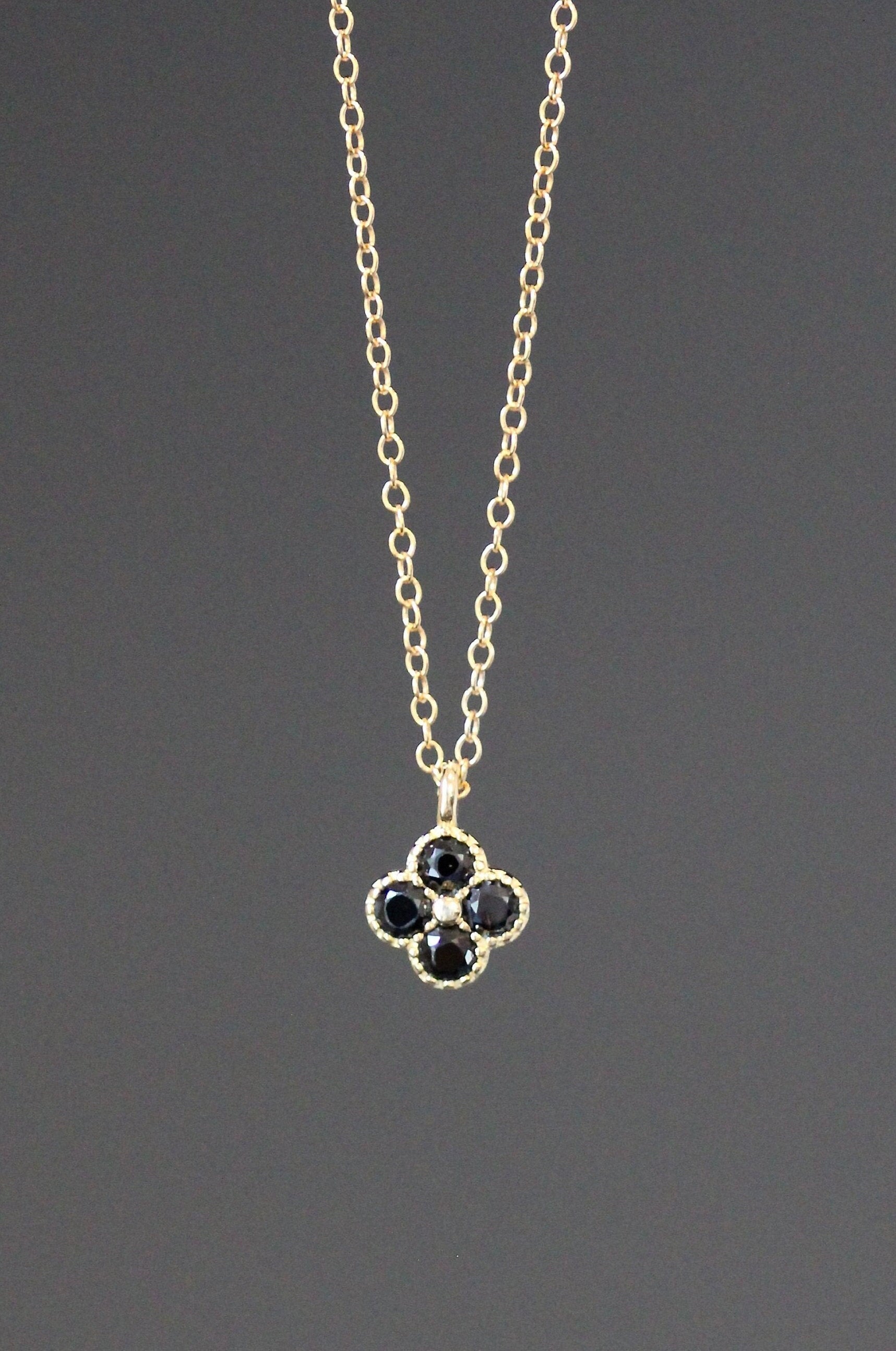 Black Onyx and Gold Vermeil Flower Pendant Necklace on Gold Filled Chain