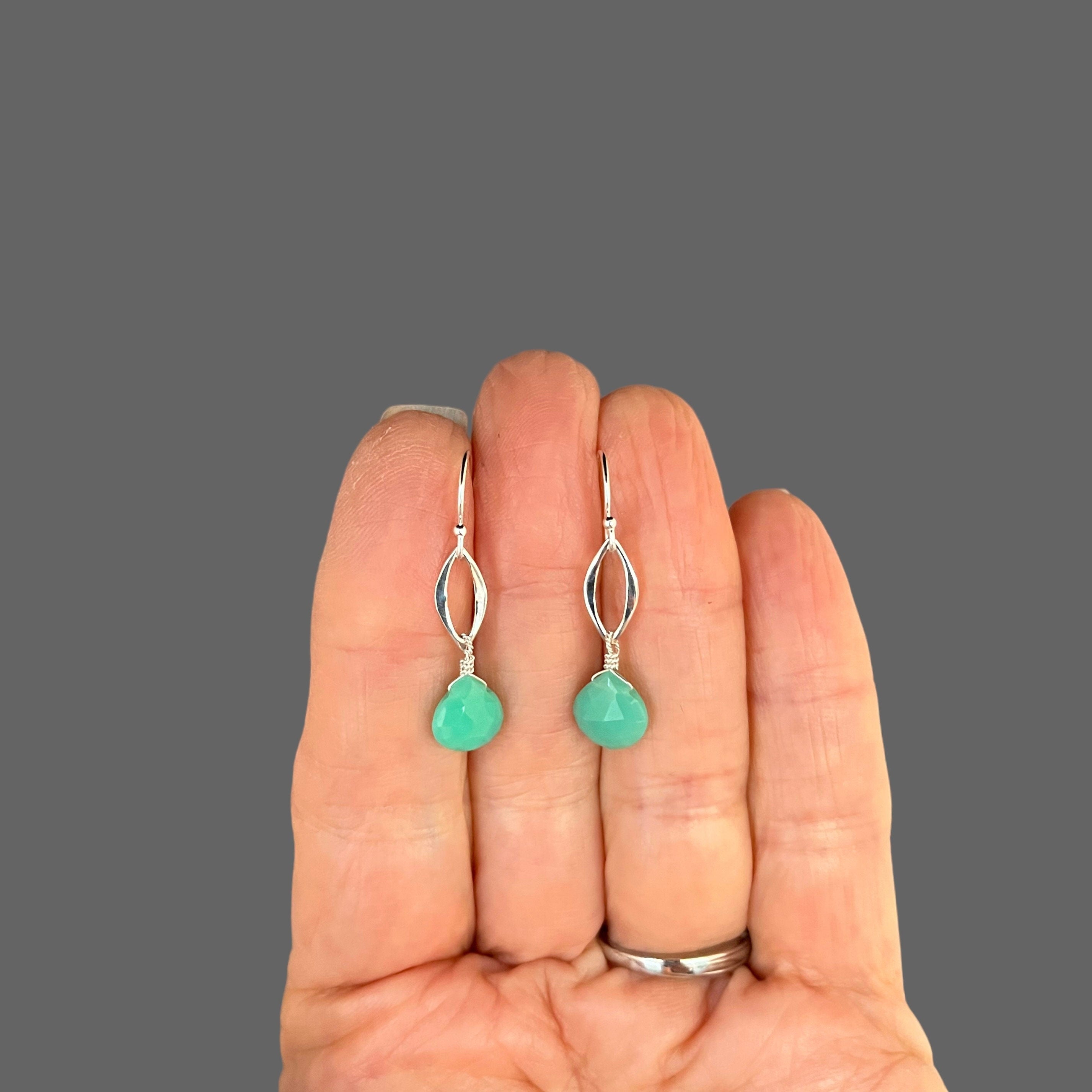 Chrysoprase Teardrop Earrings on Bali Sterling Silver Marquise Links