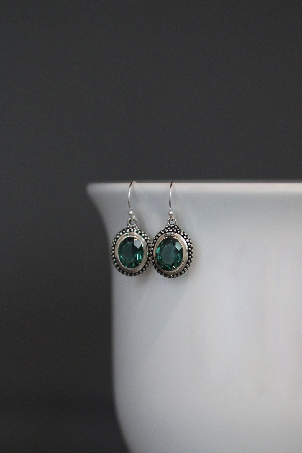 Green Quartz Oval Stones Bezel Set in Bali Sterling Silver Dangle Earrings