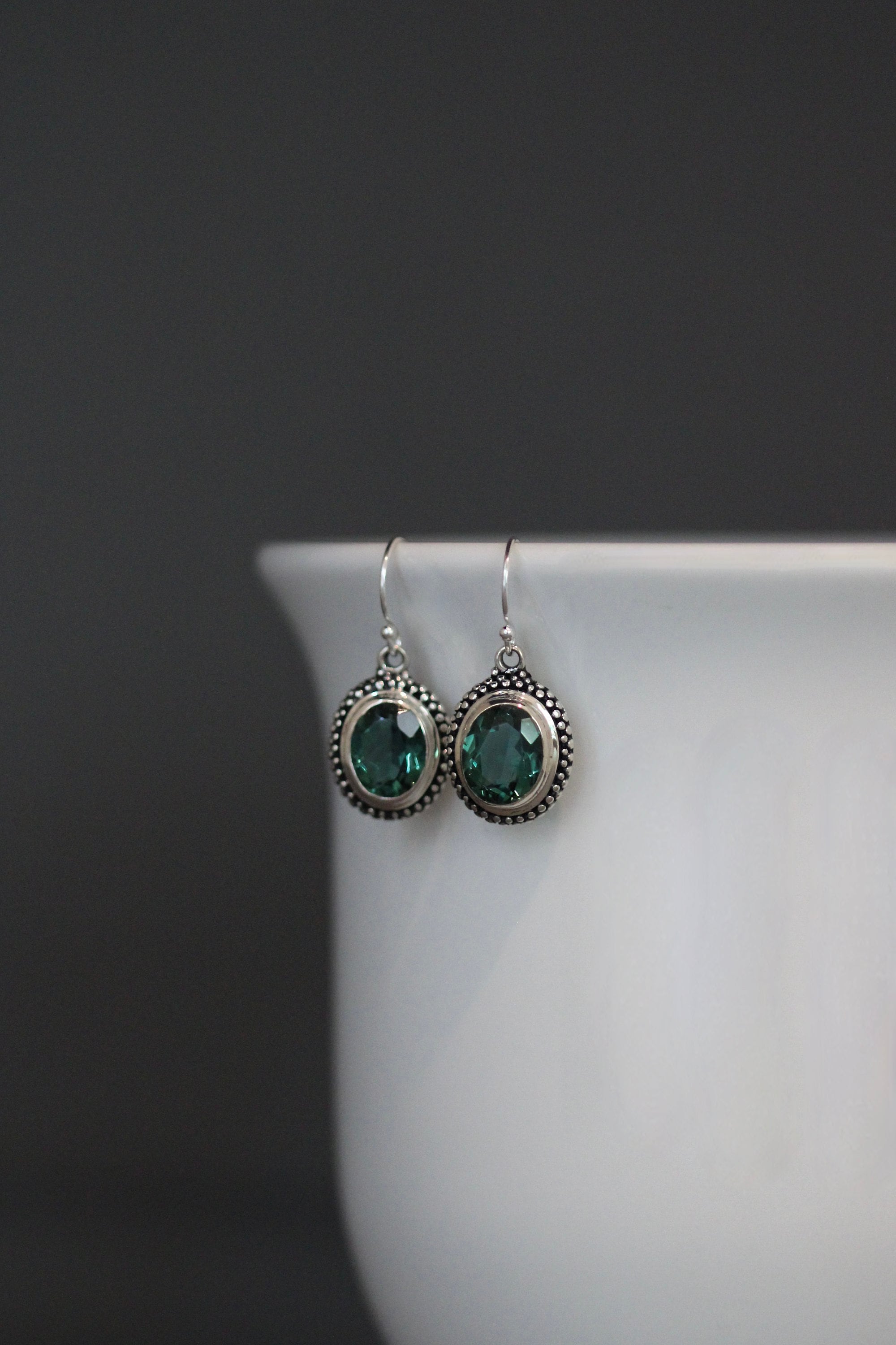 Green Quartz Oval Stones Bezel Set in Bali Sterling Silver Dangle Earrings