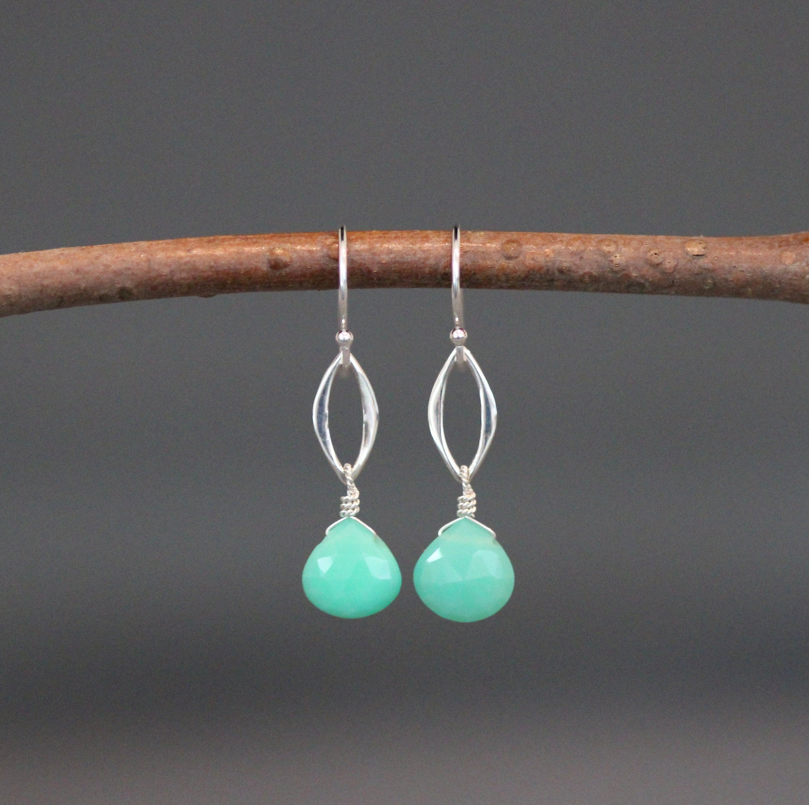 Chrysoprase Teardrop Earrings on Bali Sterling Silver Marquise Links