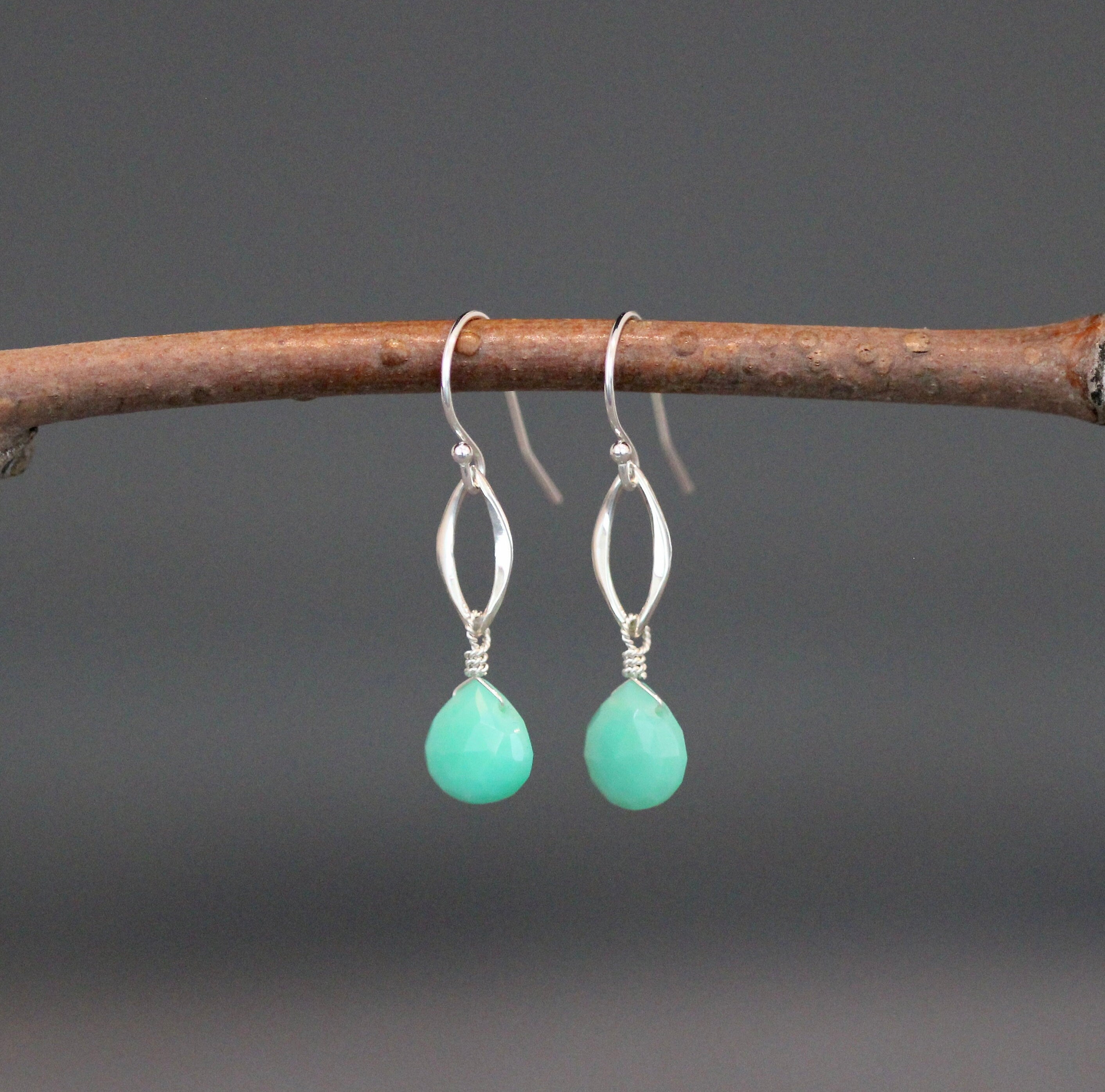 Chrysoprase Teardrop Earrings on Bali Sterling Silver Marquise Links