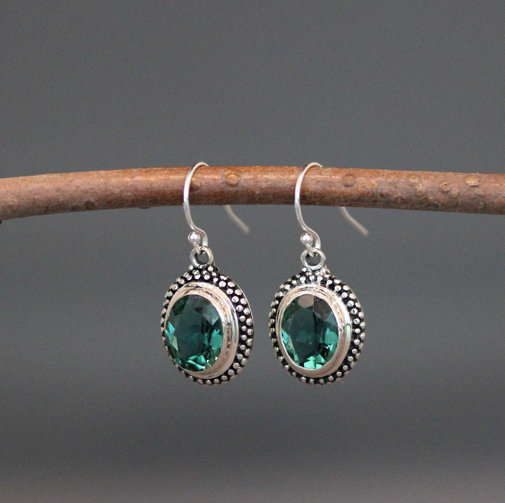 Green Quartz Oval Stones Bezel Set in Bali Sterling Silver Dangle Earrings