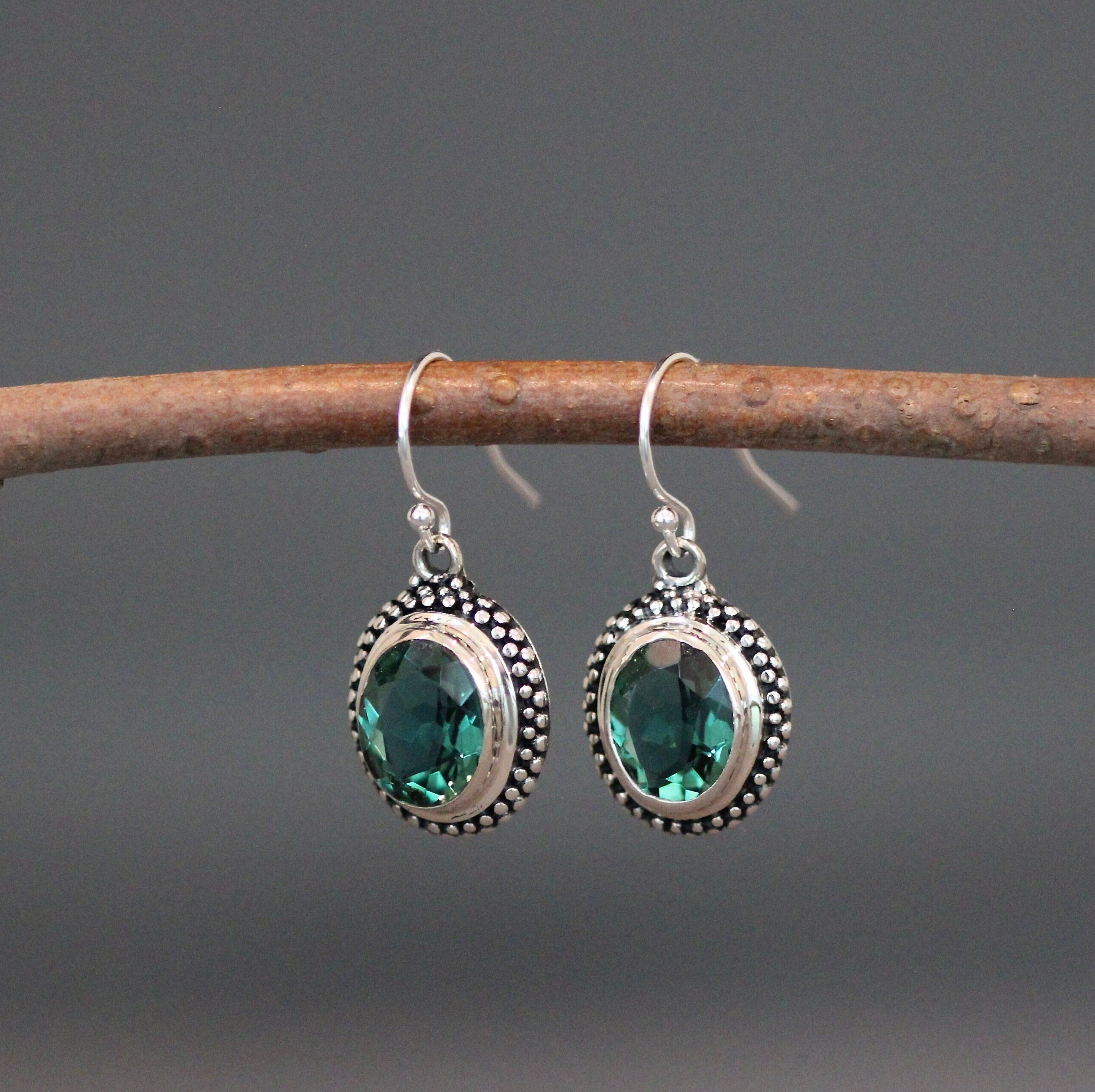 Green Quartz Oval Stones Bezel Set in Bali Sterling Silver Dangle Earrings