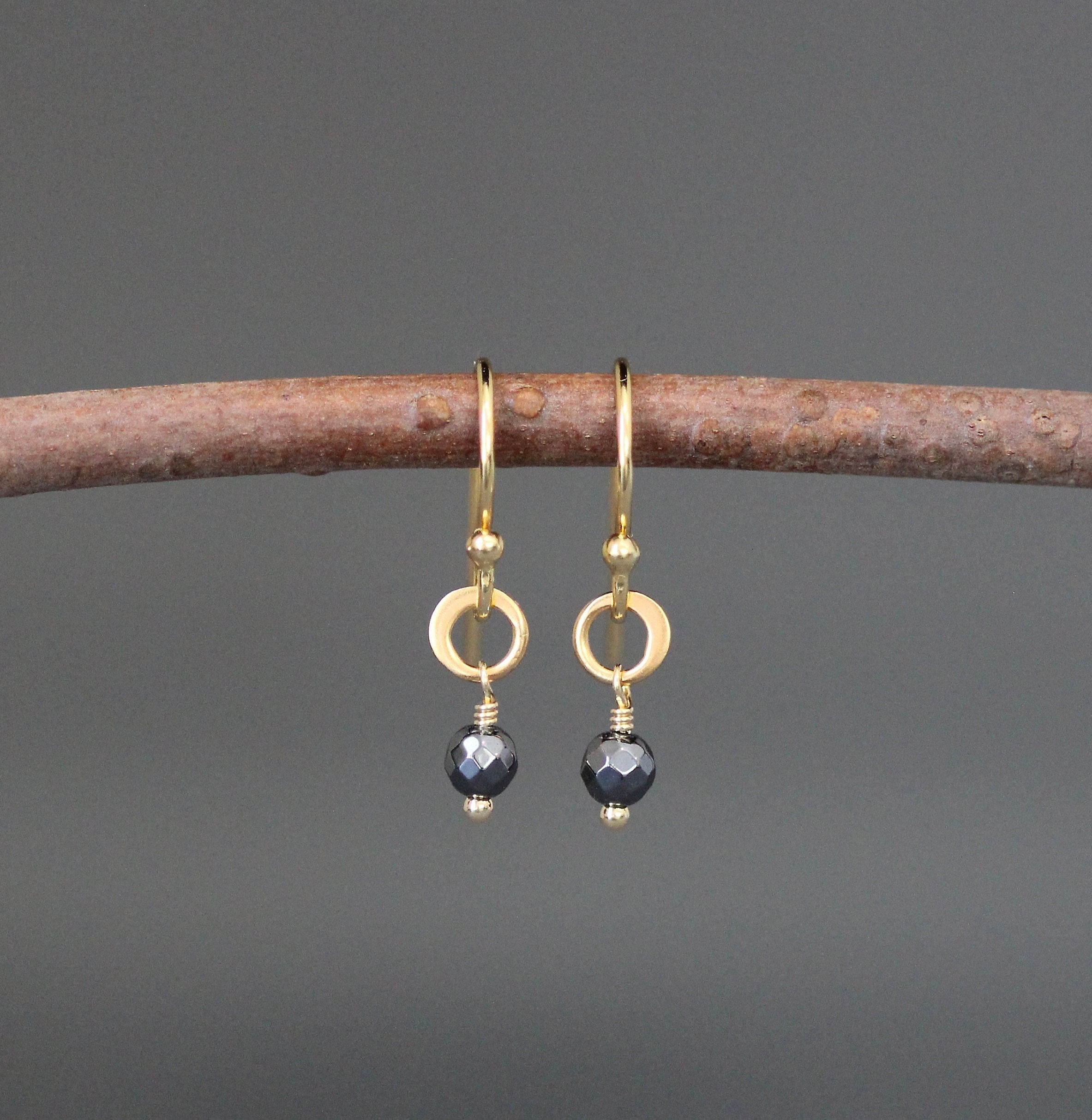 Hematite and Matte Gold Vermeil Dangle Earrings