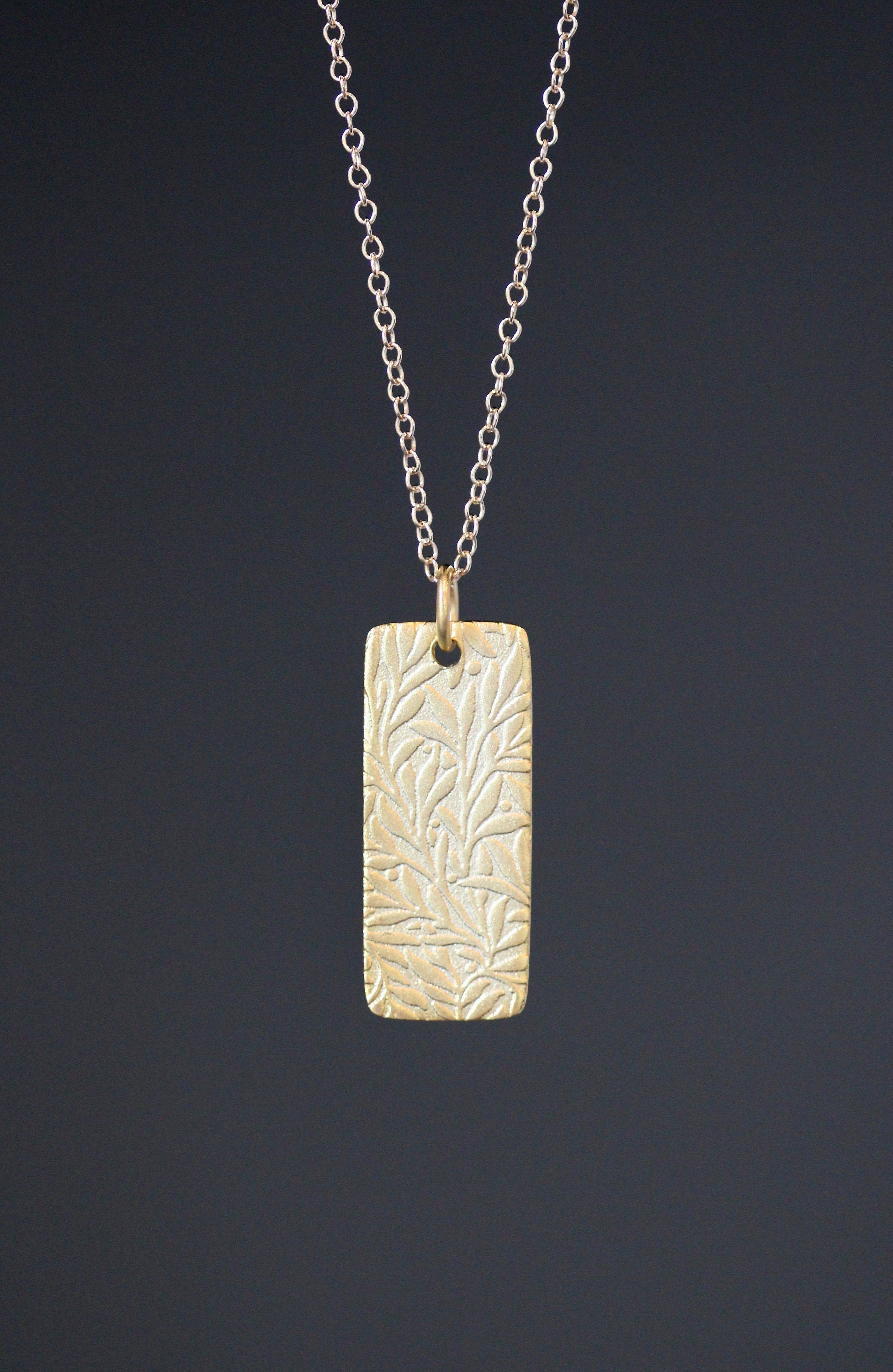 Matte Gold Vermeil Stamped Leaf Pendant Necklace on Gold Filled Chain