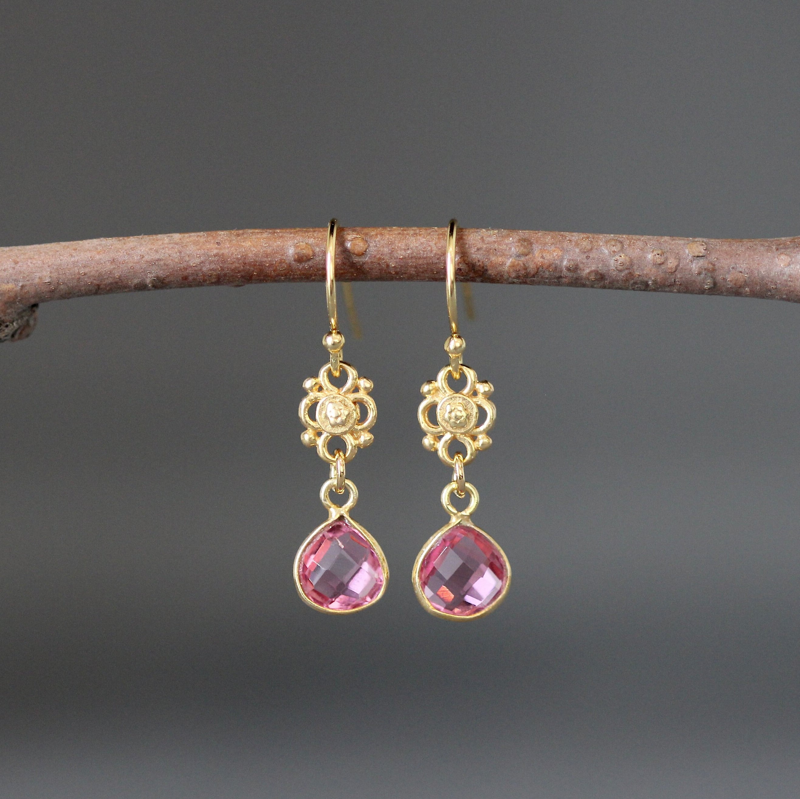 Hot Pink Quartz Teardrop Earrings in Gold Vermeil Bezels