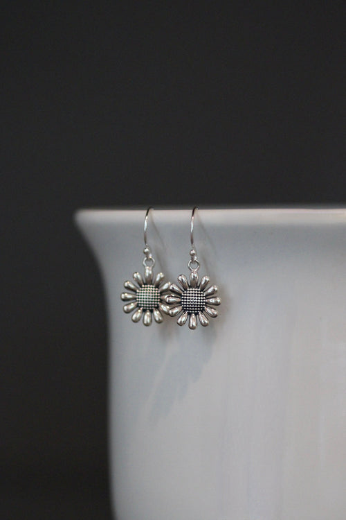 Bali Sterling Silver Sunflower Charm Dangle Earrings