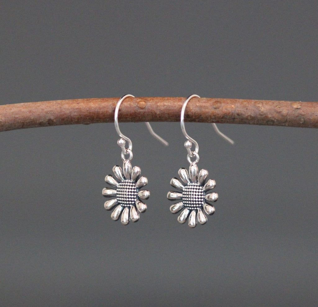 Bali Sterling Silver Sunflower Charm Dangle Earrings