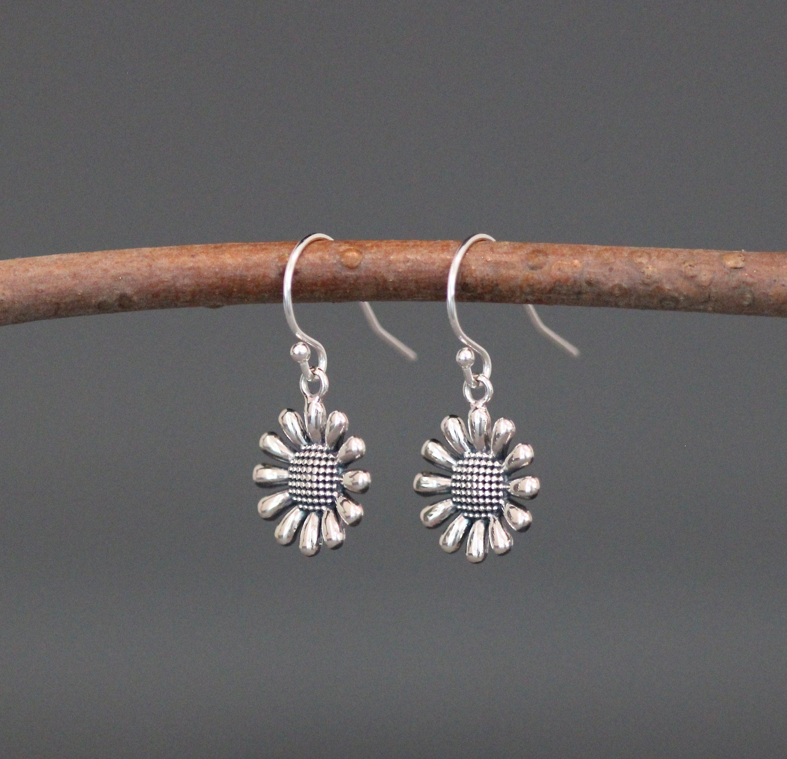 Bali Sterling Silver Sunflower Charm Dangle Earrings