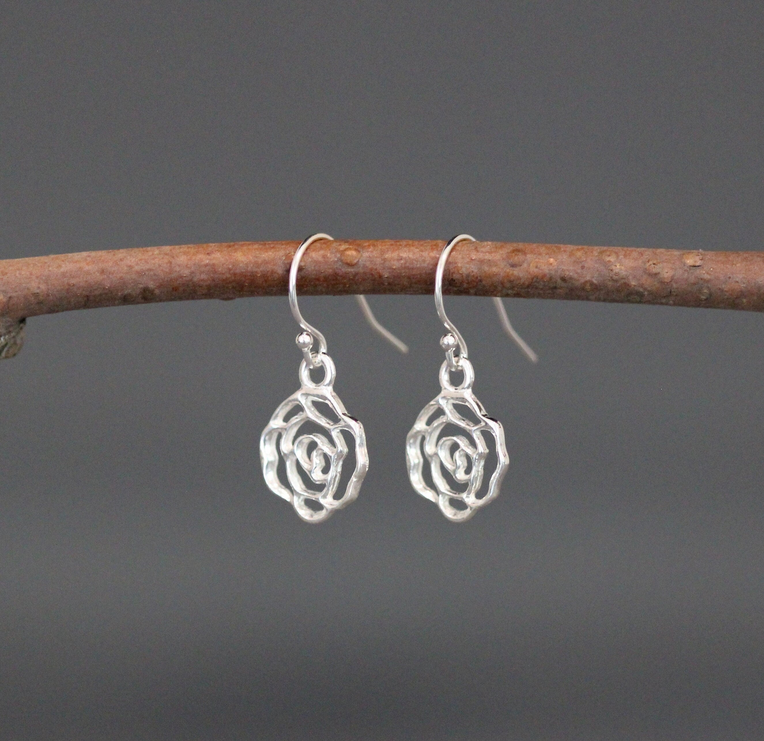 Sterling Silver Filigree Rose Dangle Earrings