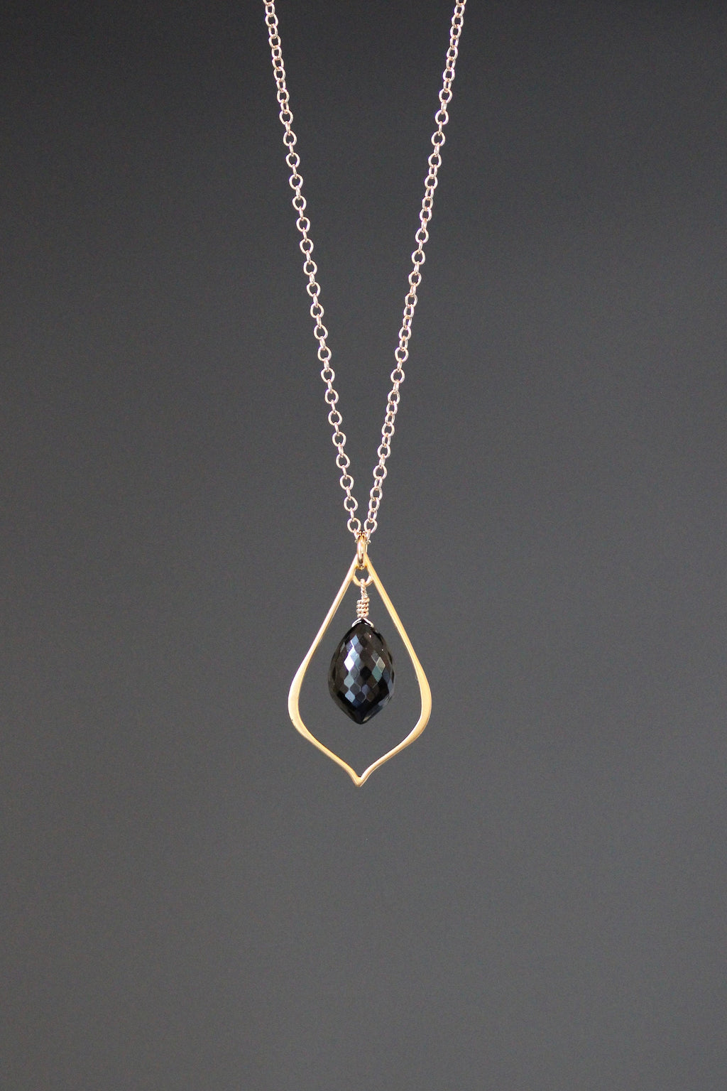 Black Spinel Marquise Pendant Necklace with a Matte Gold Vermeil Frame
