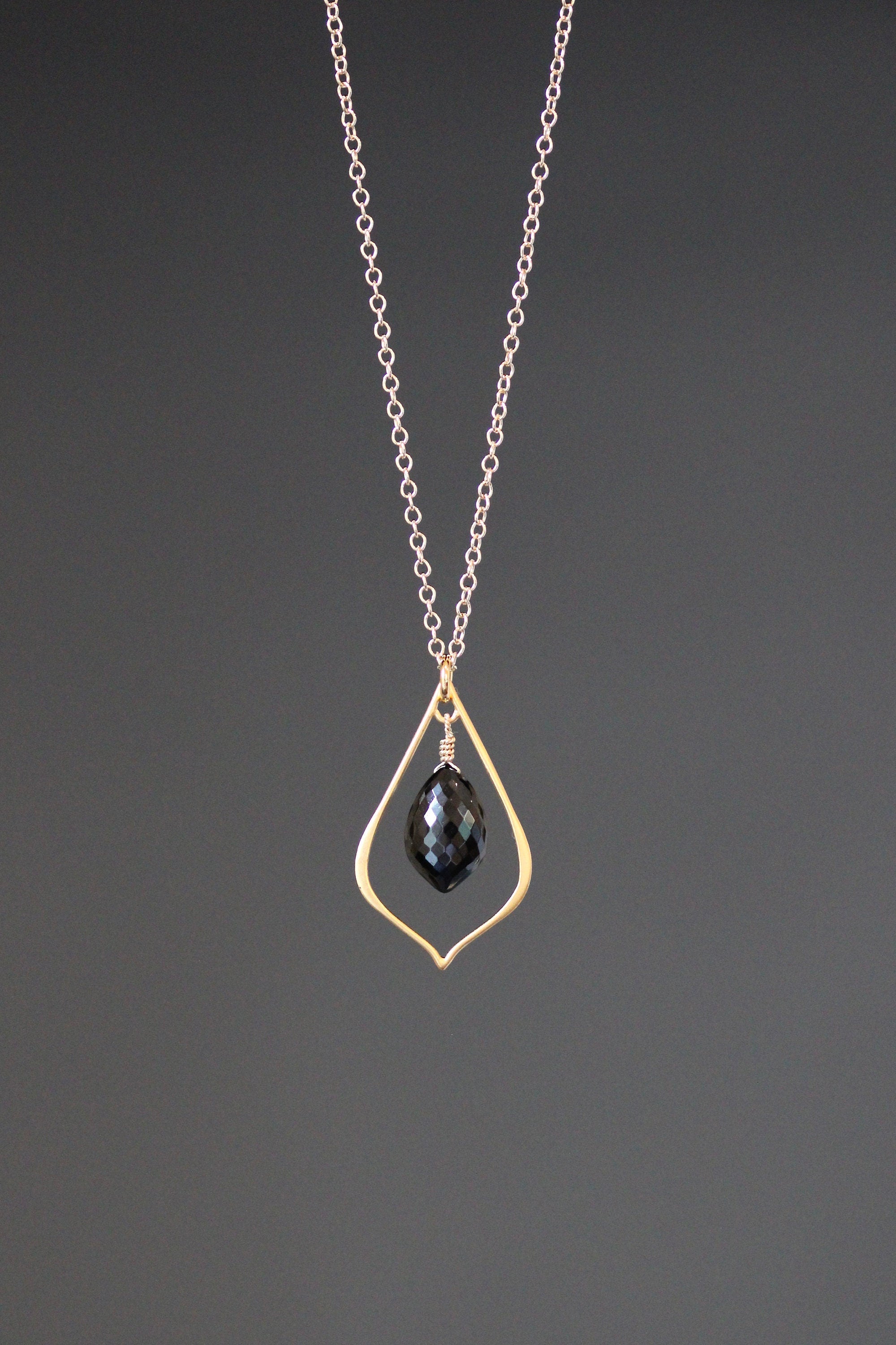 Black Spinel Marquise Pendant Necklace with a Matte Gold Vermeil Frame