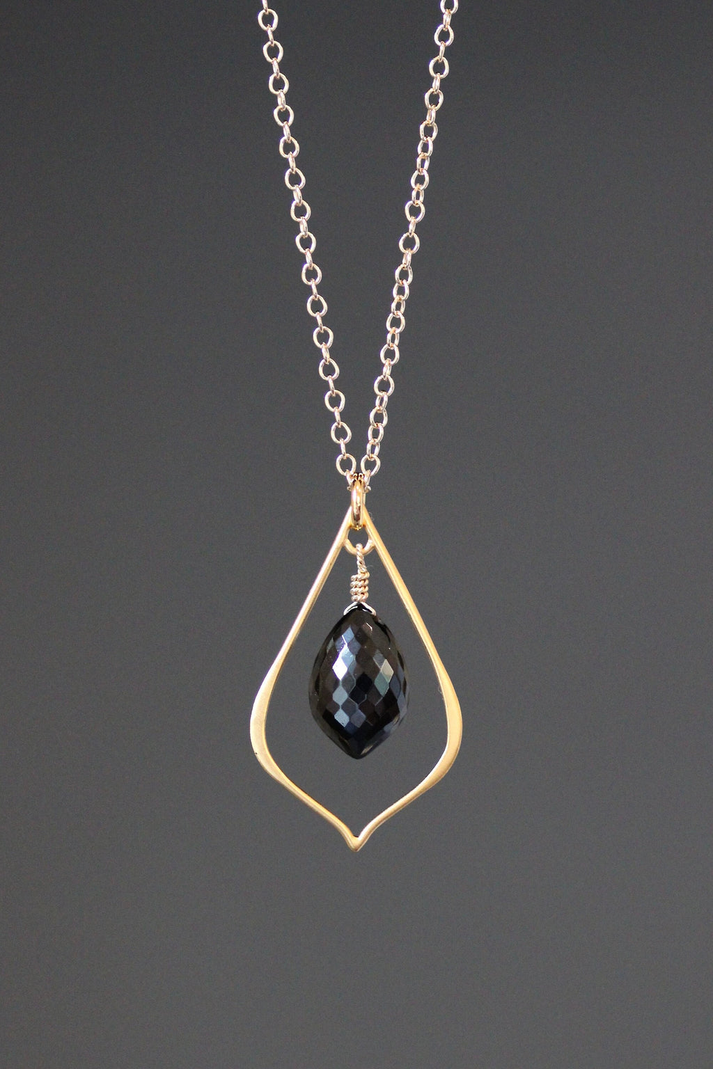 Black Spinel Marquise Pendant Necklace with a Matte Gold Vermeil Frame