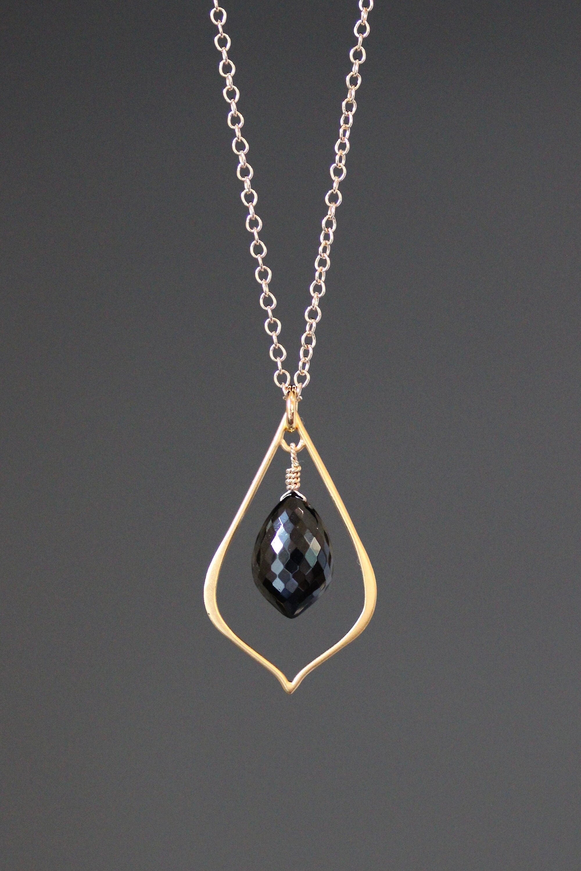 Black Spinel Marquise Pendant Necklace with a Matte Gold Vermeil Frame