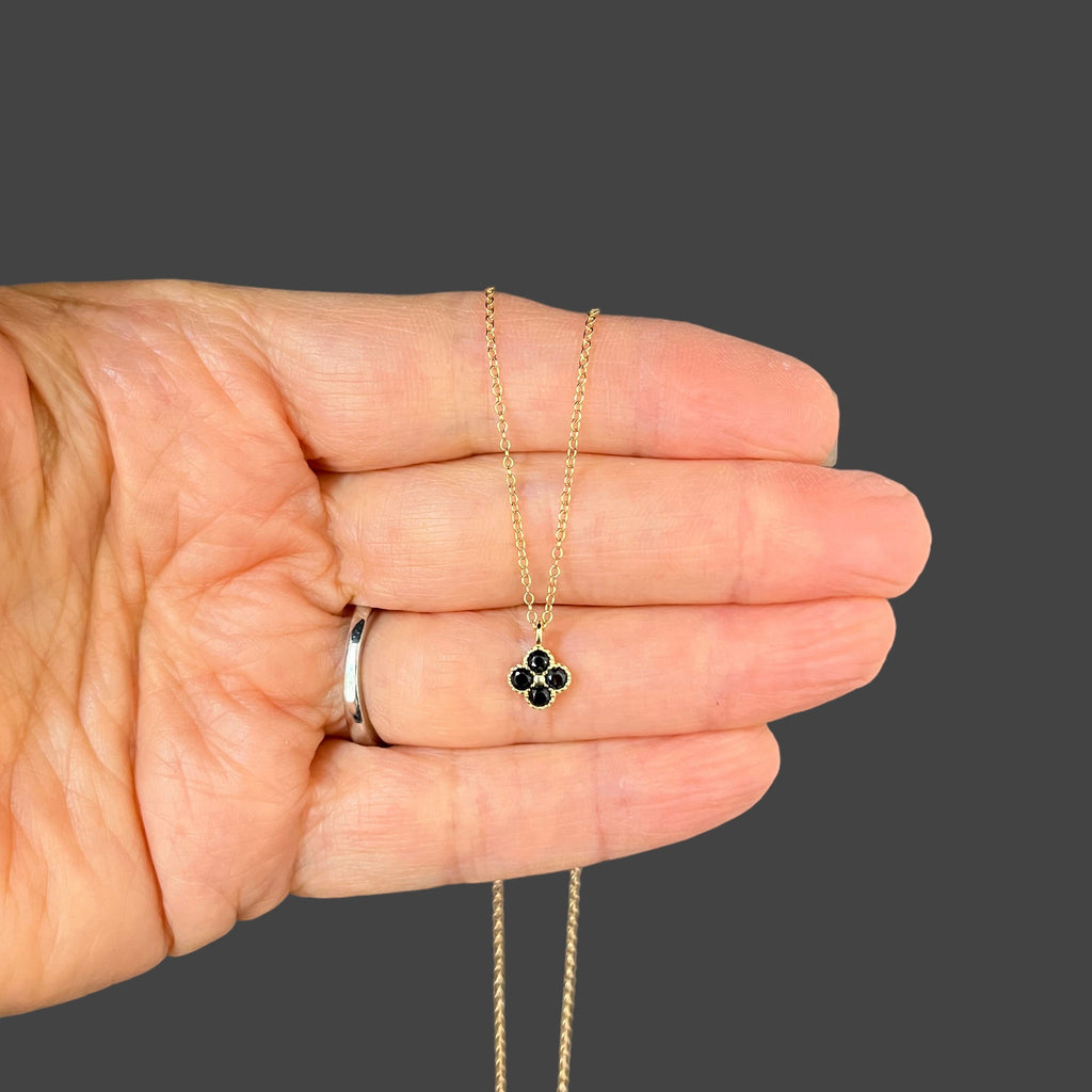 Black Onyx and Gold Vermeil Flower Pendant Necklace on Gold Filled Chain