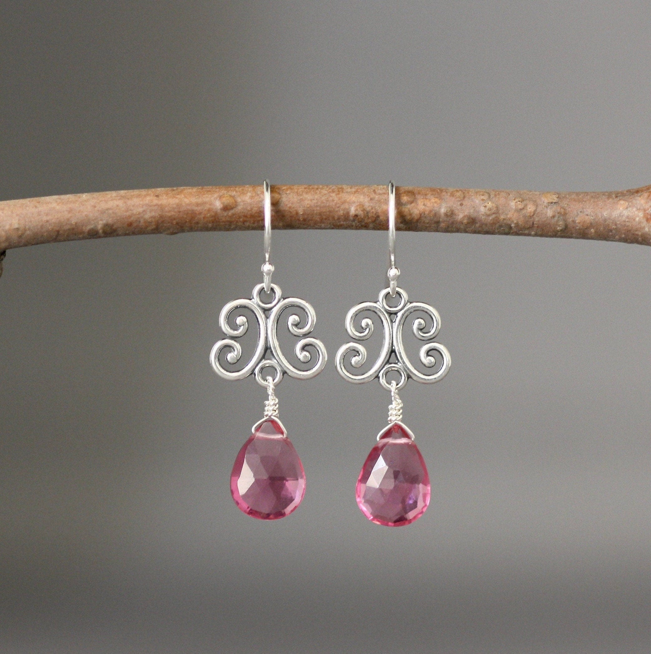 Hot Pink Quartz Teardrop and Bali Sterling Silver Dangle Earrings