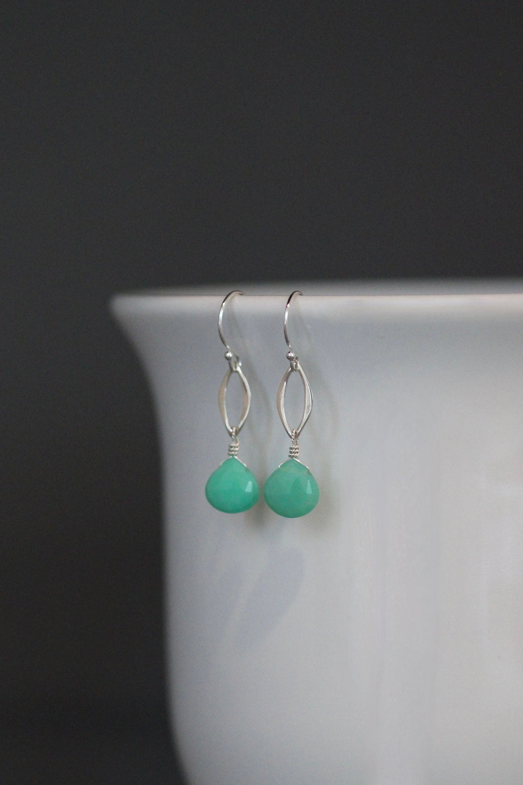 Chrysoprase Teardrop Earrings on Bali Sterling Silver Marquise Links