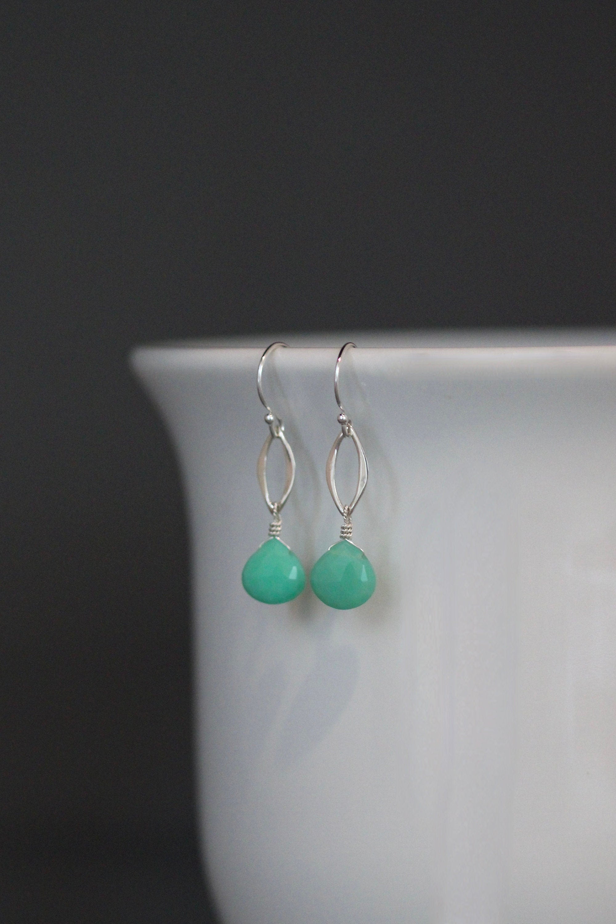Chrysoprase Teardrop Earrings on Bali Sterling Silver Marquise Links
