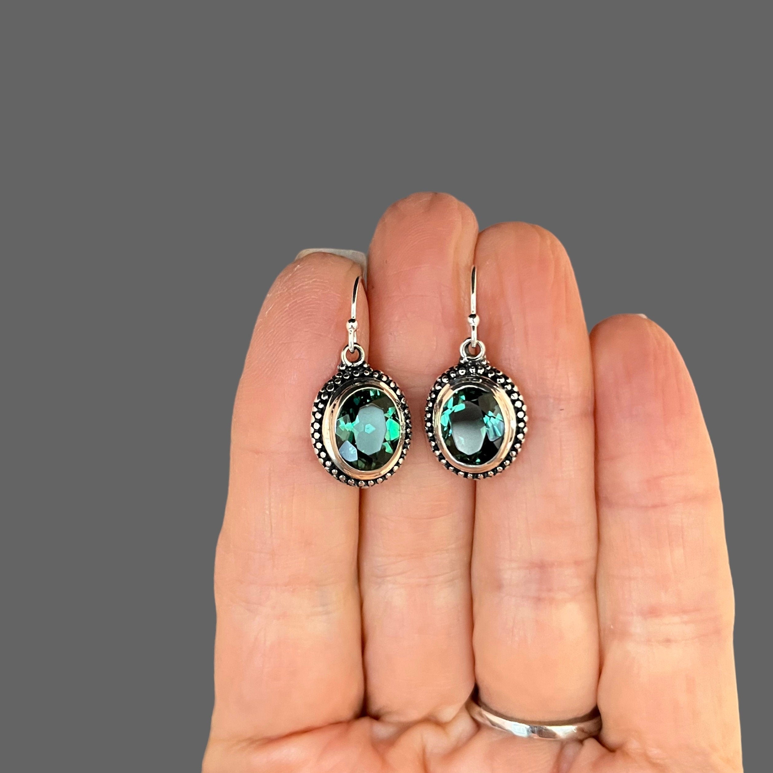 Green Quartz Oval Stones Bezel Set in Bali Sterling Silver Dangle Earrings