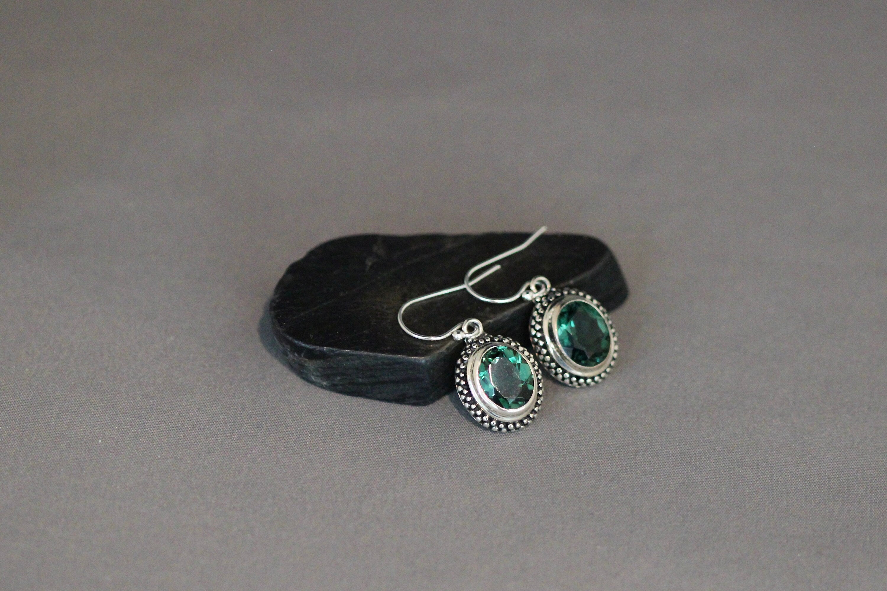 Green Quartz Oval Stones Bezel Set in Bali Sterling Silver Dangle Earrings