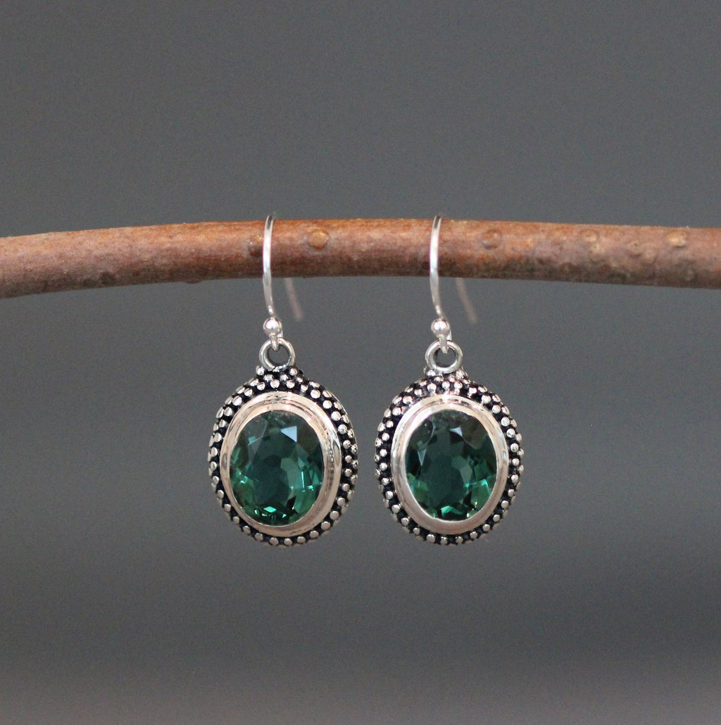 Green Quartz Oval Stones Bezel Set in Bali Sterling Silver Dangle Earrings