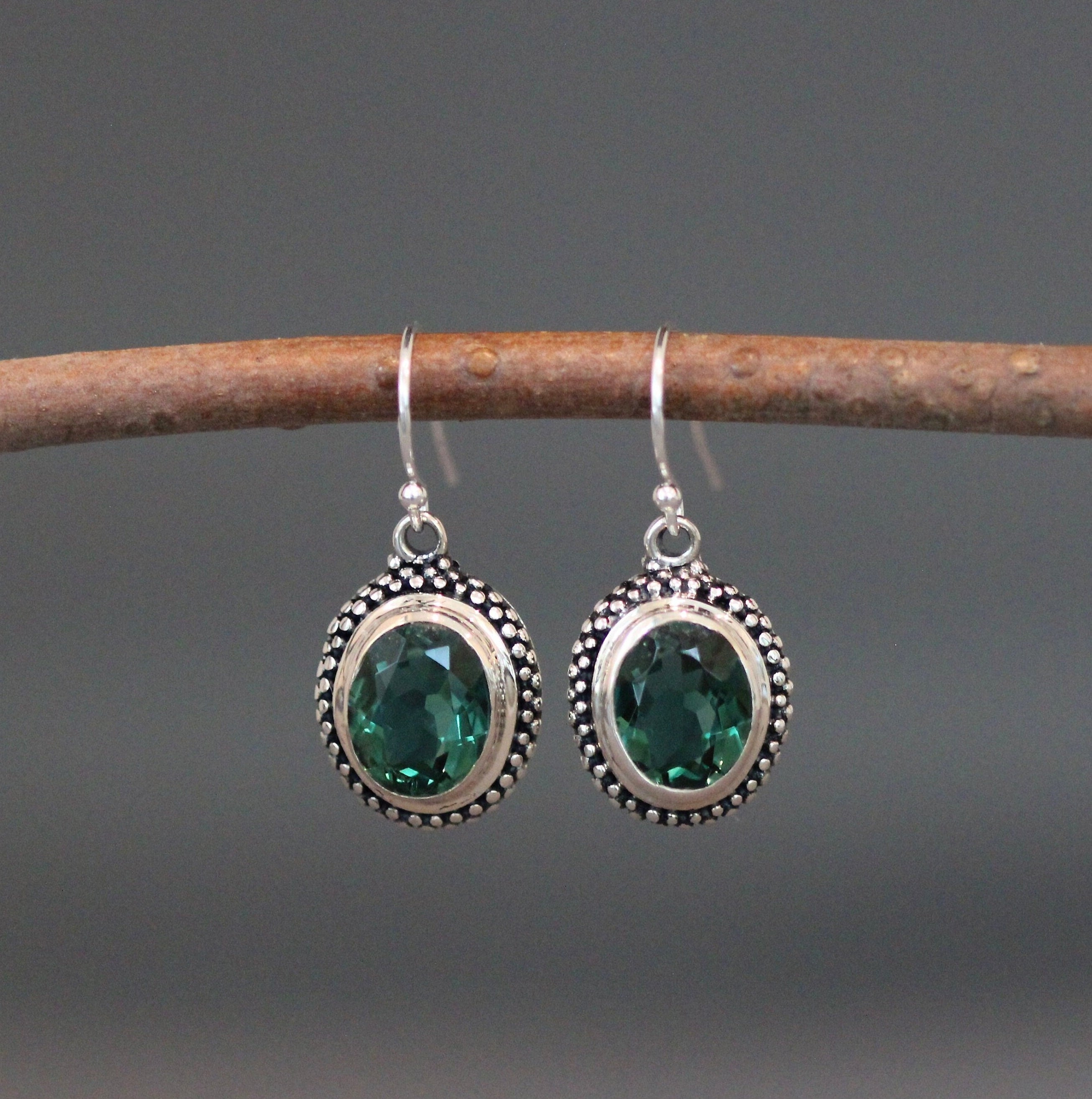 Green Quartz Oval Stones Bezel Set in Bali Sterling Silver Dangle Earrings