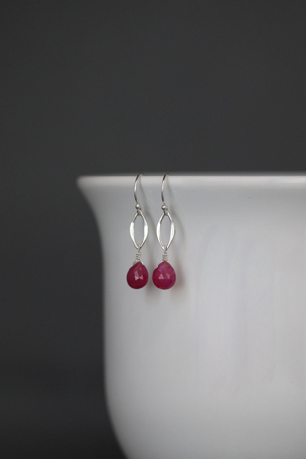 Pink Ruby Teardrop and Sterling Silver Marquise Link Dangle Earrings