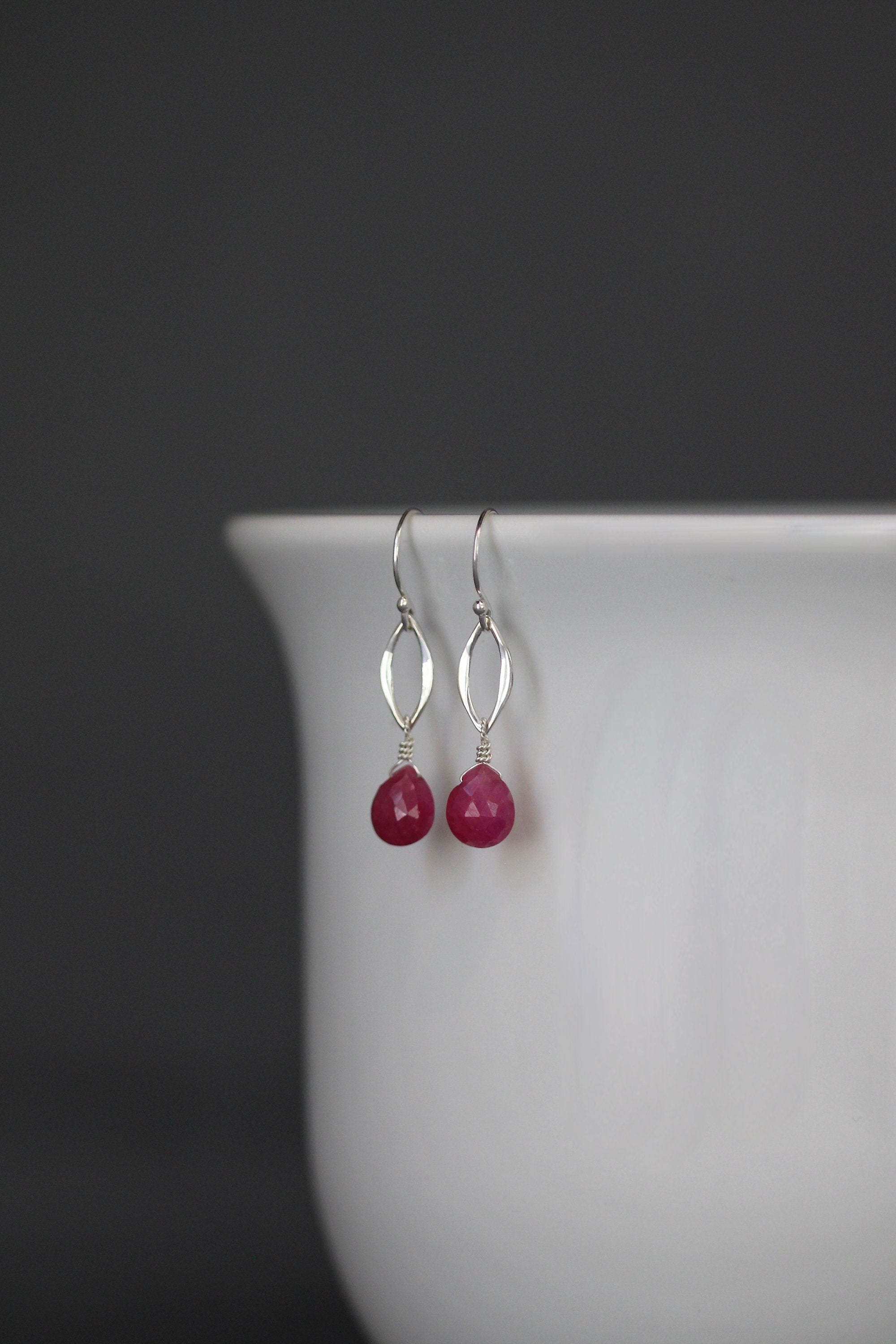 Pink Ruby Teardrop and Sterling Silver Marquise Link Dangle Earrings