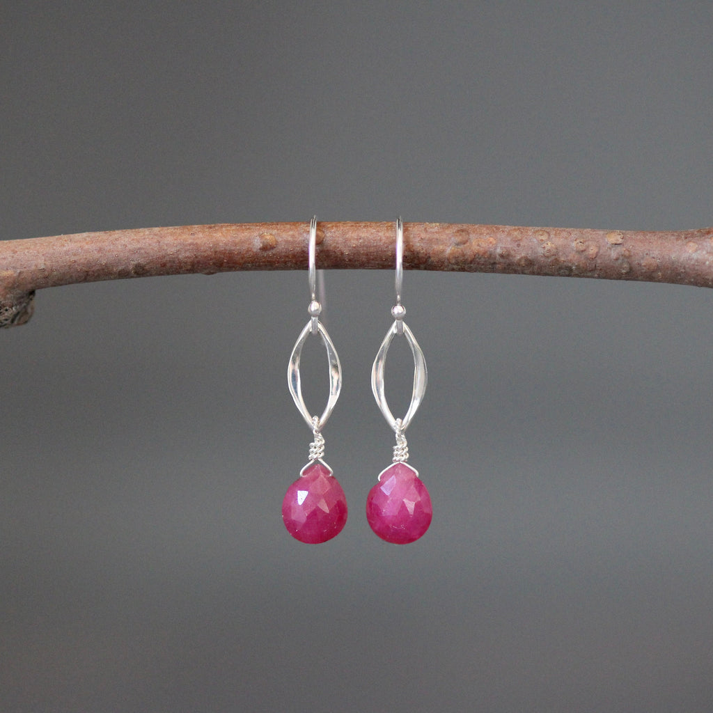 Pink Ruby Teardrop and Sterling Silver Marquise Link Dangle Earrings