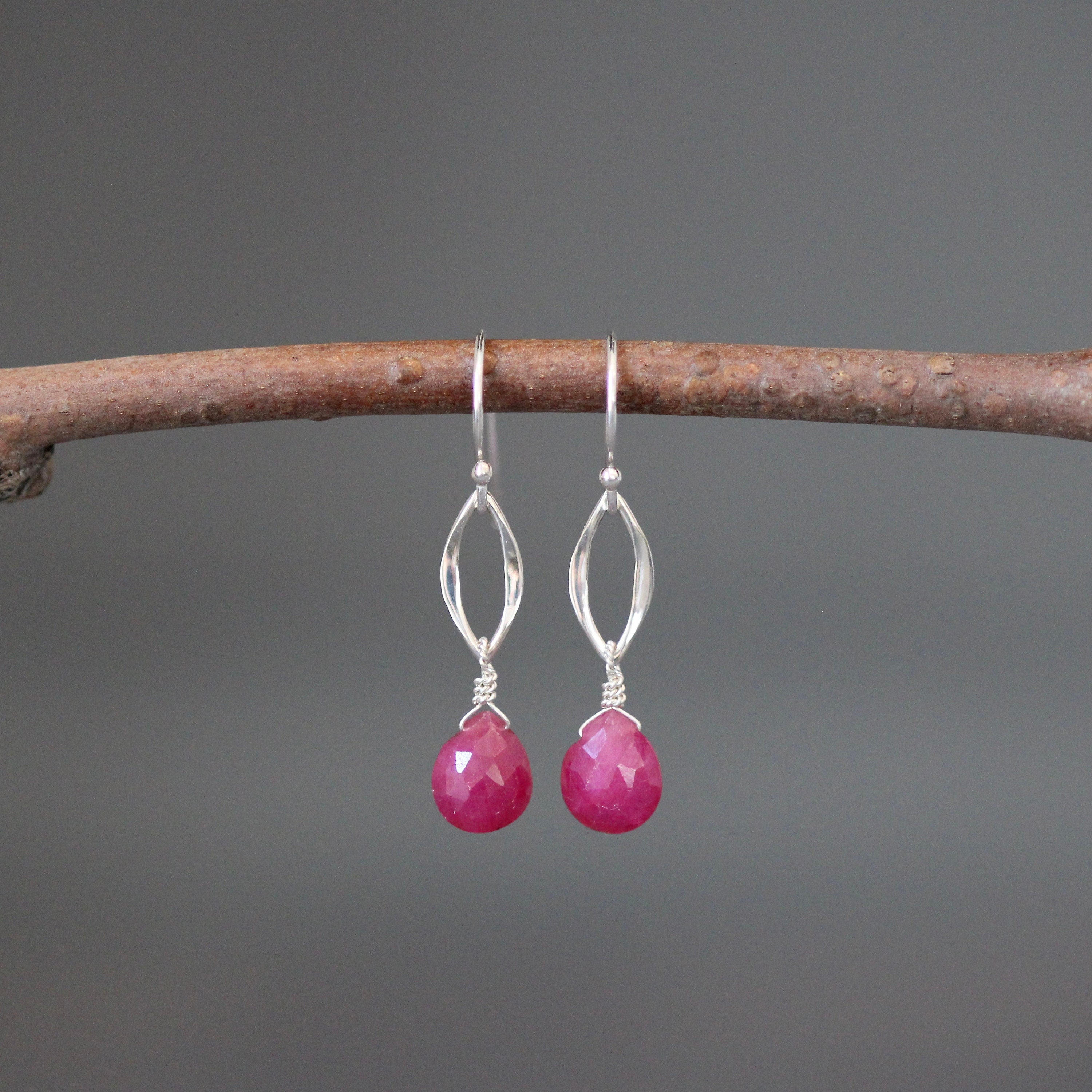 Pink Ruby Teardrop and Sterling Silver Marquise Link Dangle Earrings