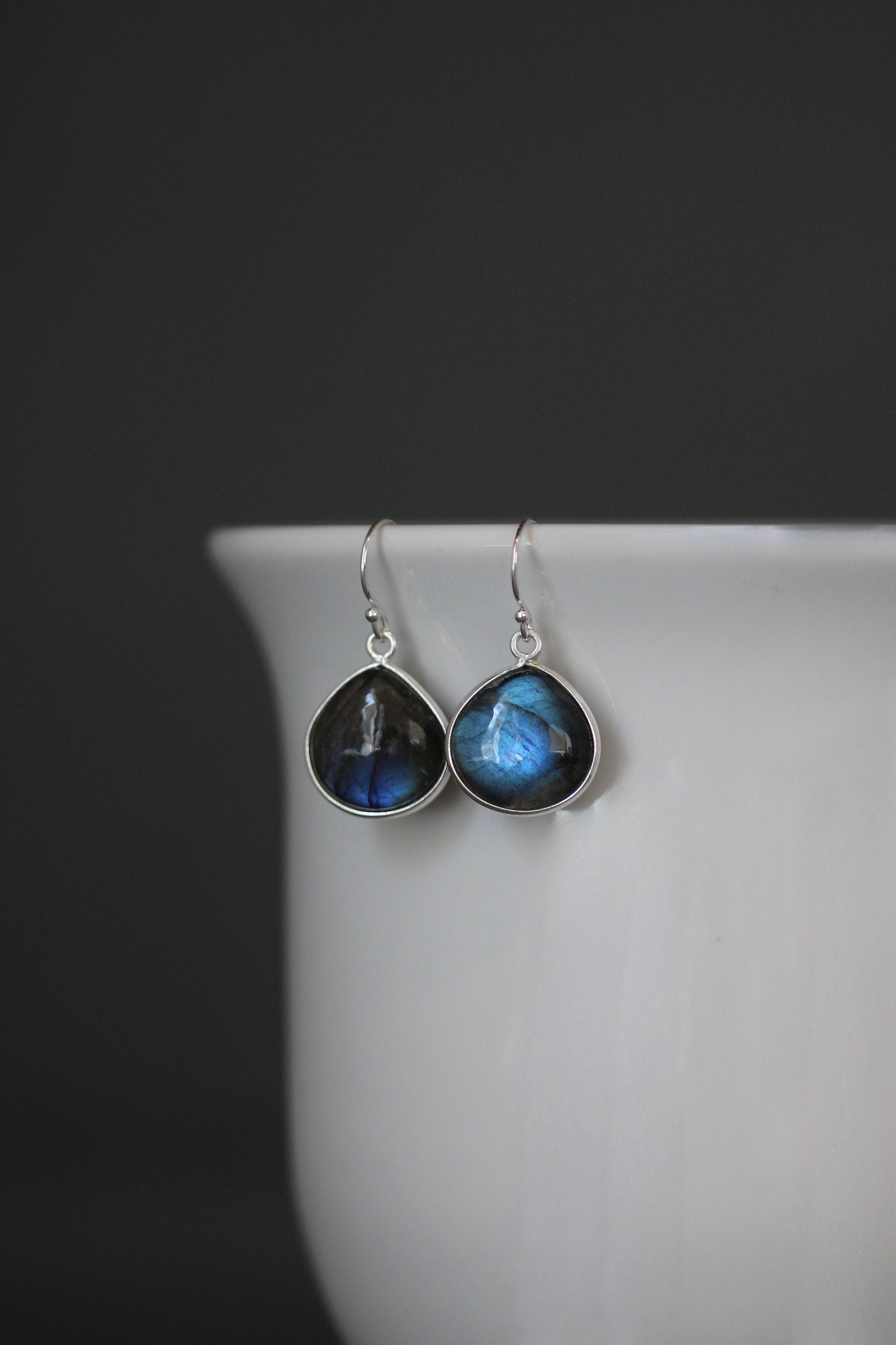 Blue Flash Labradorite Teardrop Bezel Dangle Earrings in Sterling Silver