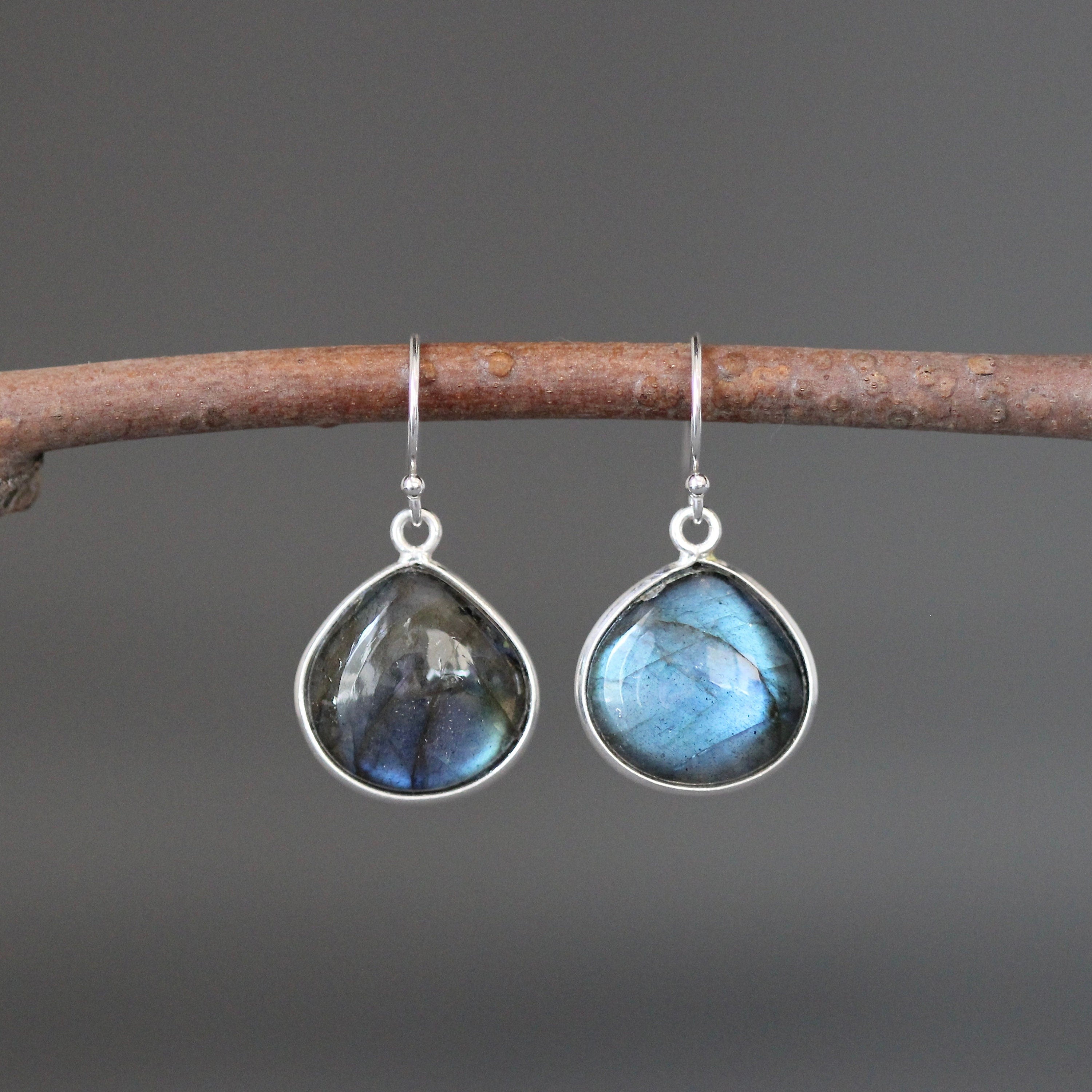 Blue Flash Labradorite Teardrop Bezel Dangle Earrings in Sterling Silver