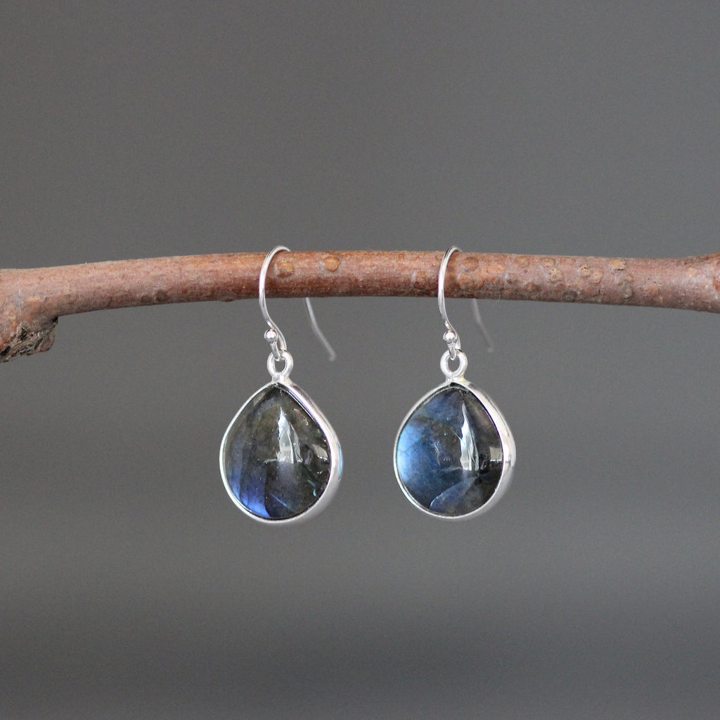 Blue Flash Labradorite Teardrop Bezel Dangle Earrings in Sterling Silver