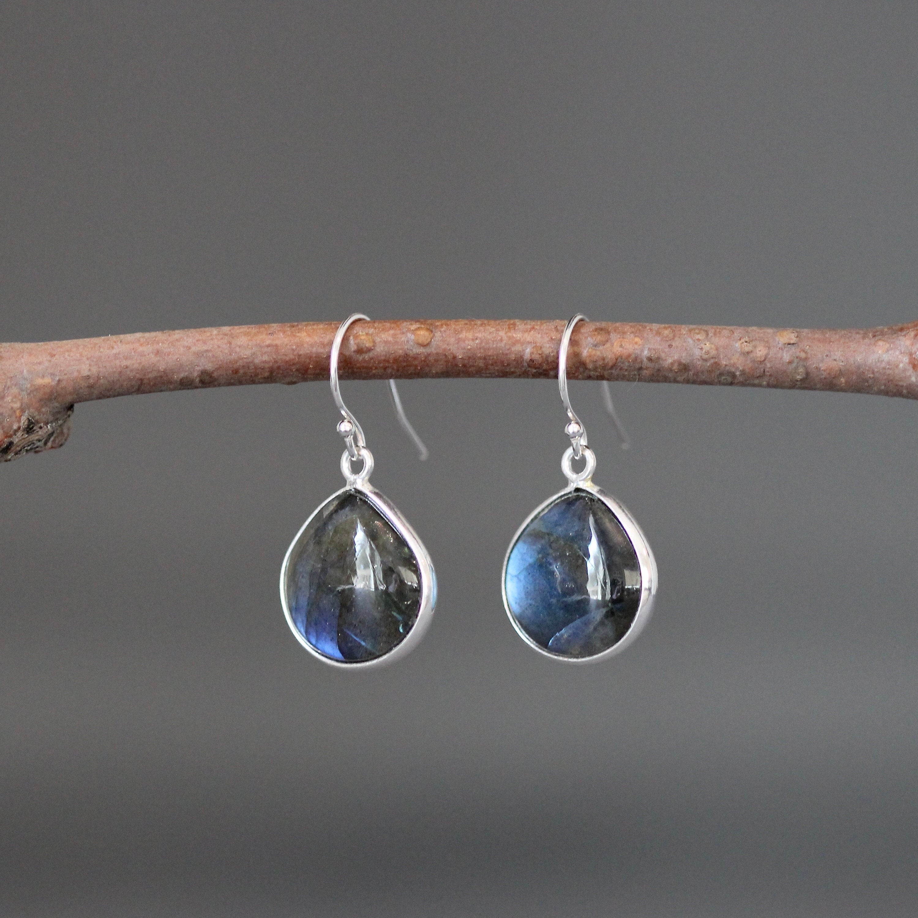 Blue Flash Labradorite Teardrop Bezel Dangle Earrings in Sterling Silver
