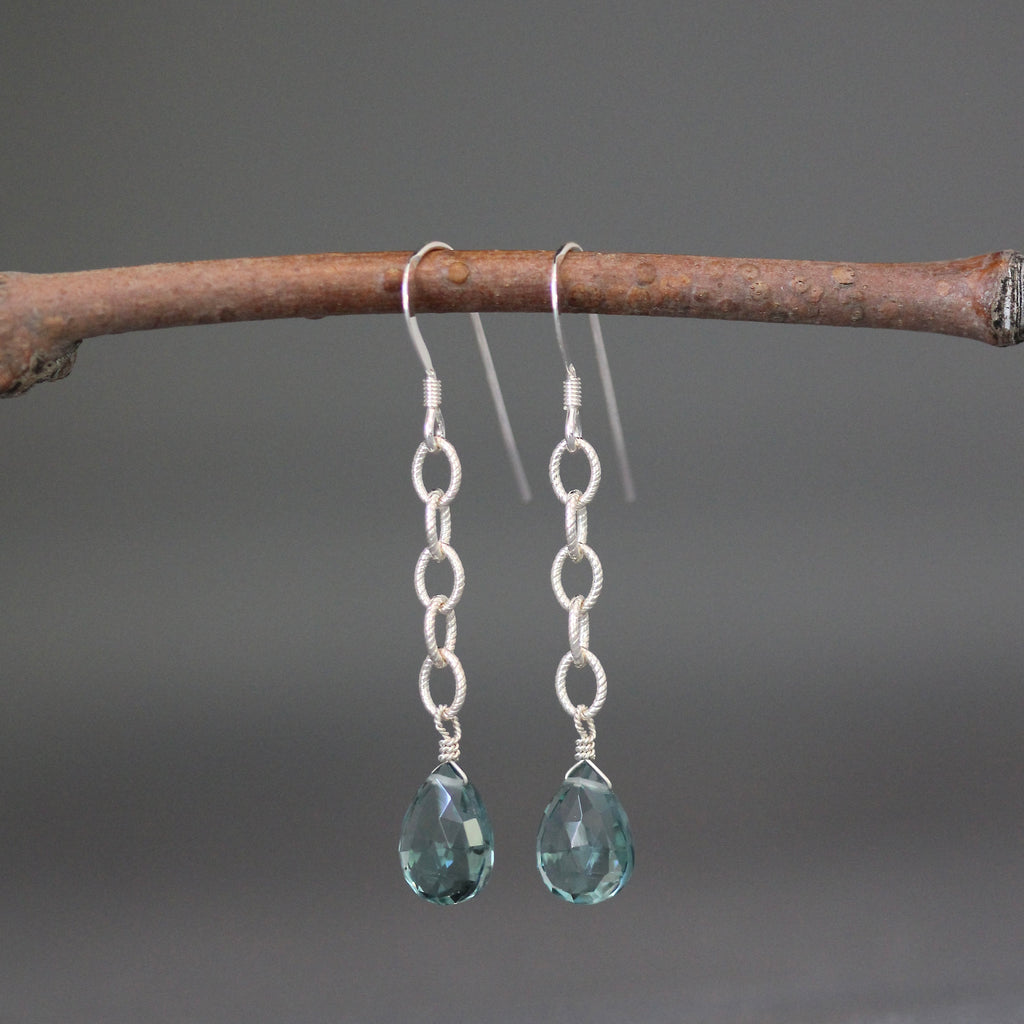 Teal Blue Quartz Teardrop Earrings on Sterling Silver Chain Links