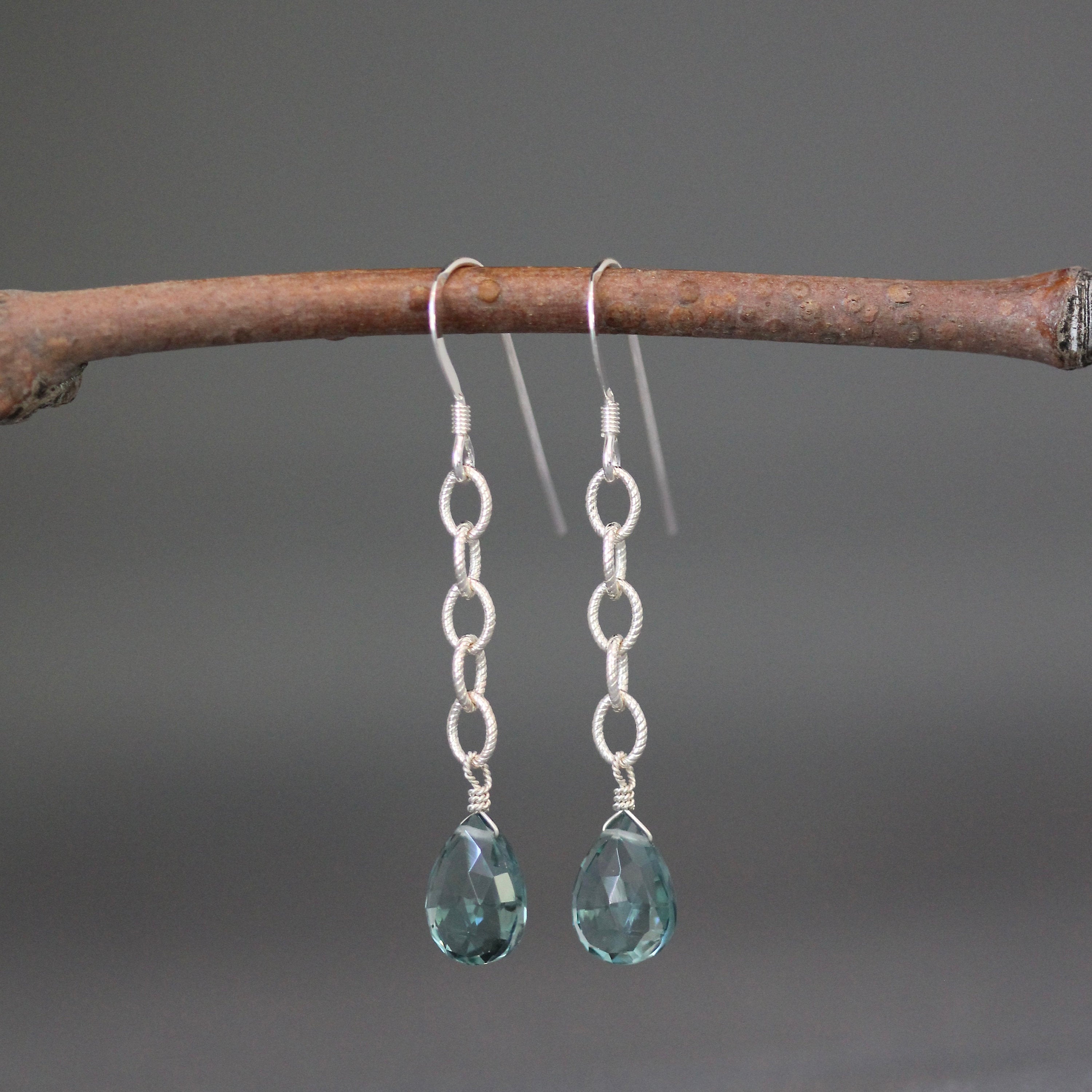 Teal Blue Quartz Teardrop Earrings on Sterling Silver Chain Links