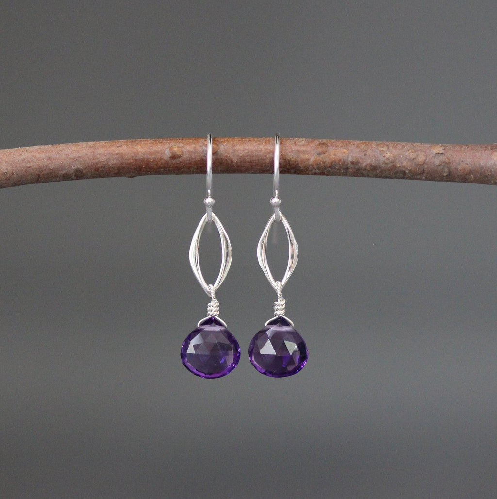 Amethyst Teardrop and Sterling Silver Marquise Link Dangle Earrings