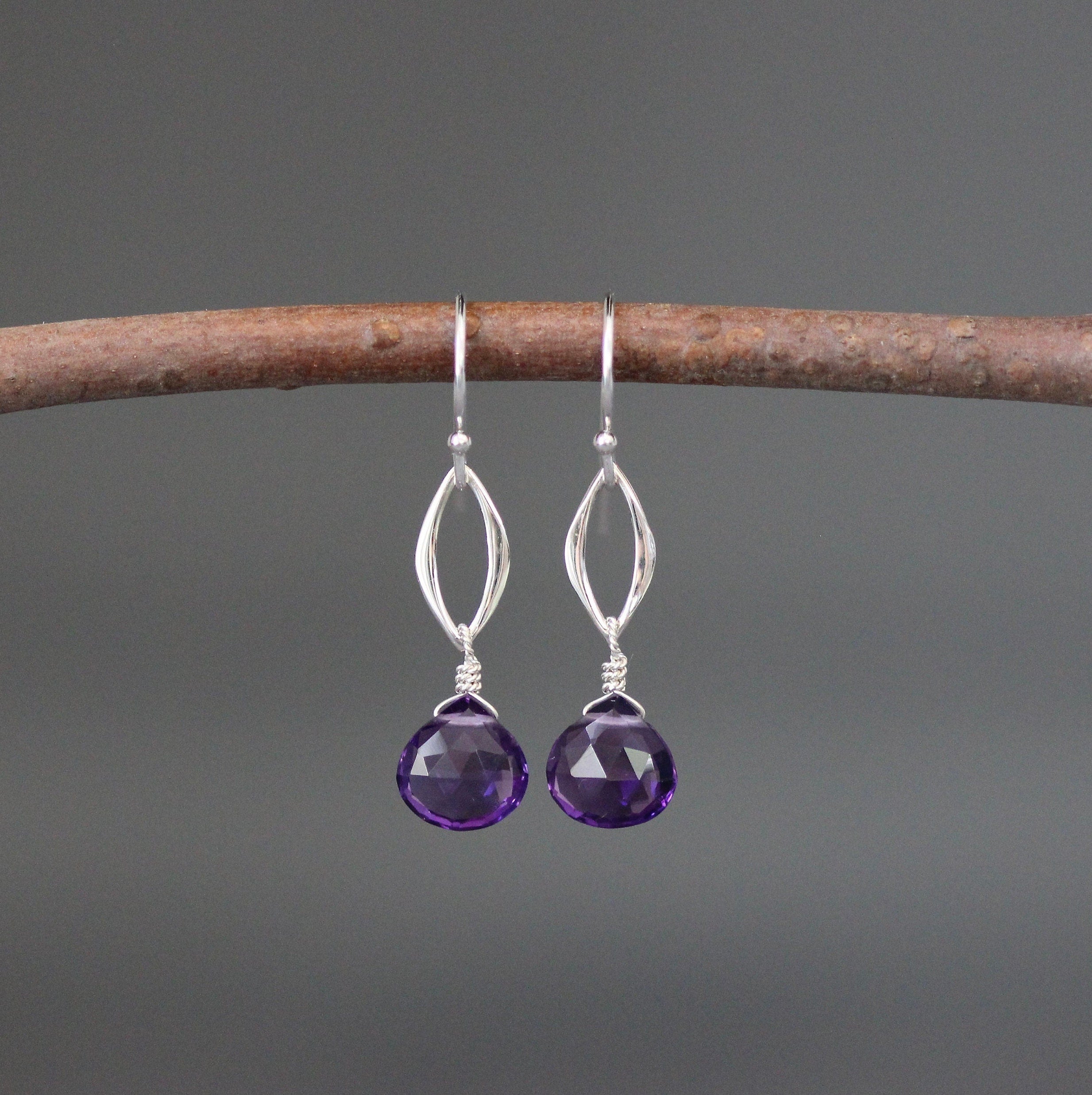 Amethyst Teardrop and Sterling Silver Marquise Link Dangle Earrings