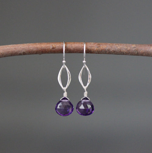 Amethyst Teardrop and Sterling Silver Marquise Link Dangle Earrings