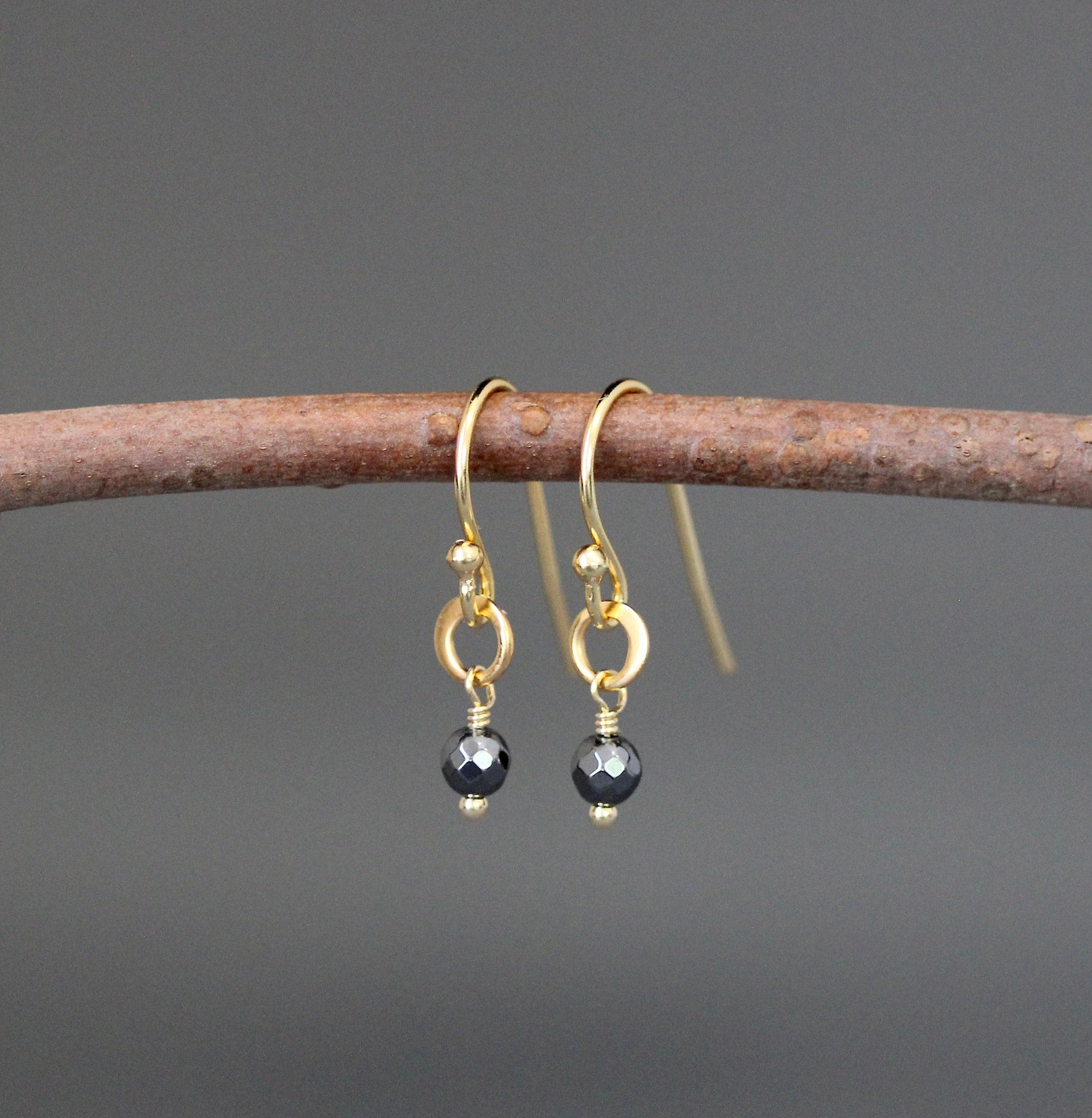 Hematite and Matte Gold Vermeil Dangle Earrings
