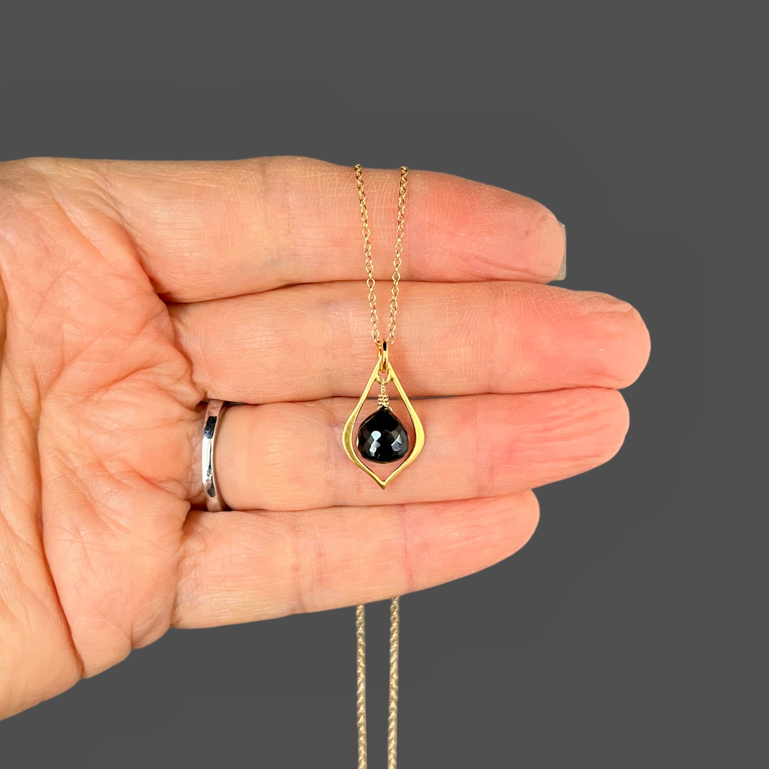 Black Spinel Teardrop Pendant Necklace in Matte Gold Vermeil on Gold Filled Chain