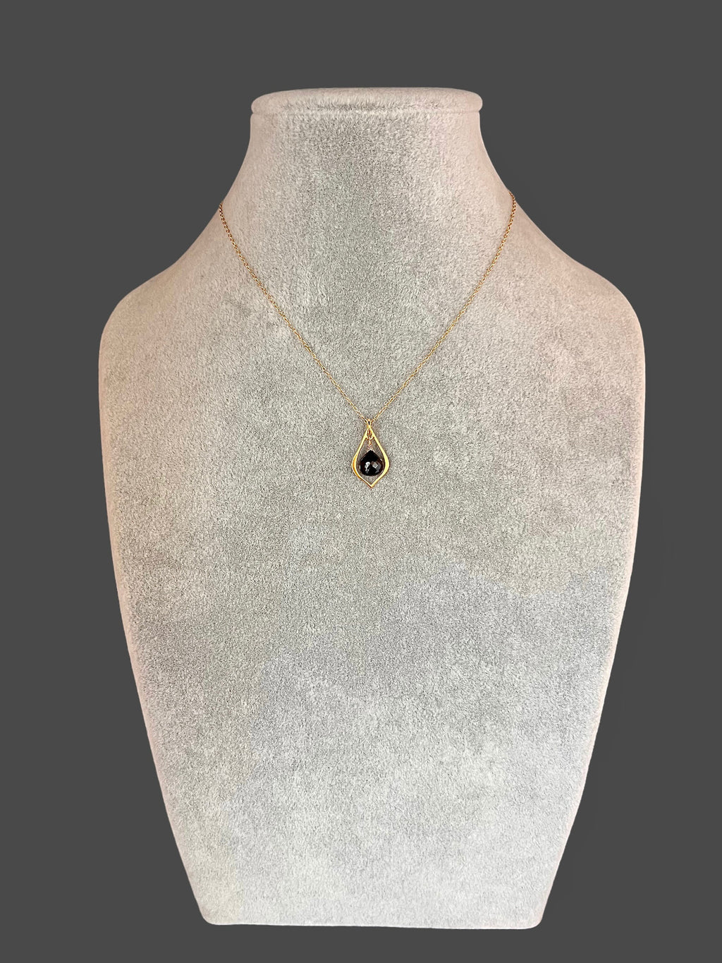 Black Spinel Teardrop Pendant Necklace in Matte Gold Vermeil on Gold Filled Chain