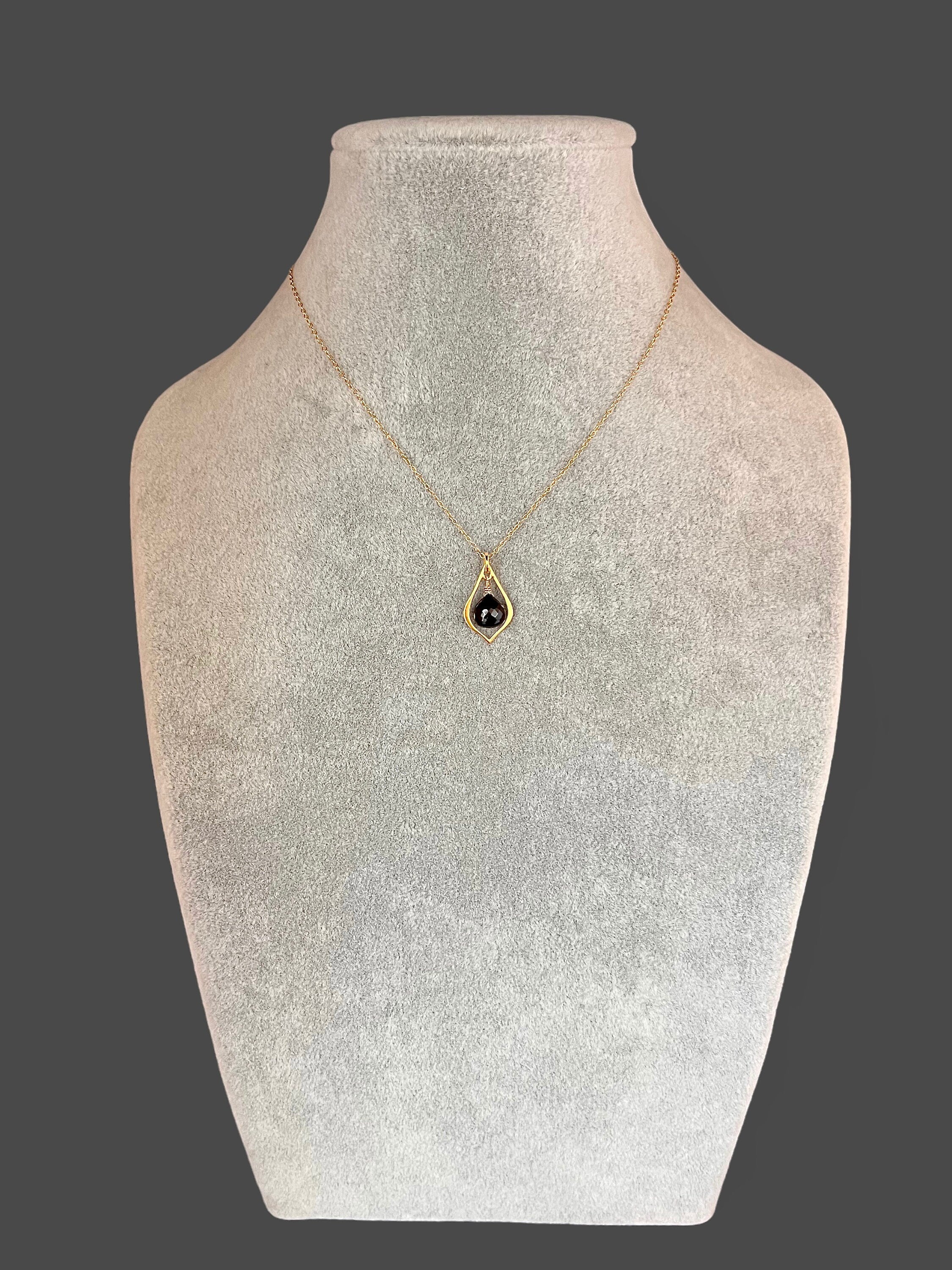 Black Spinel Teardrop Pendant Necklace in Matte Gold Vermeil on Gold Filled Chain