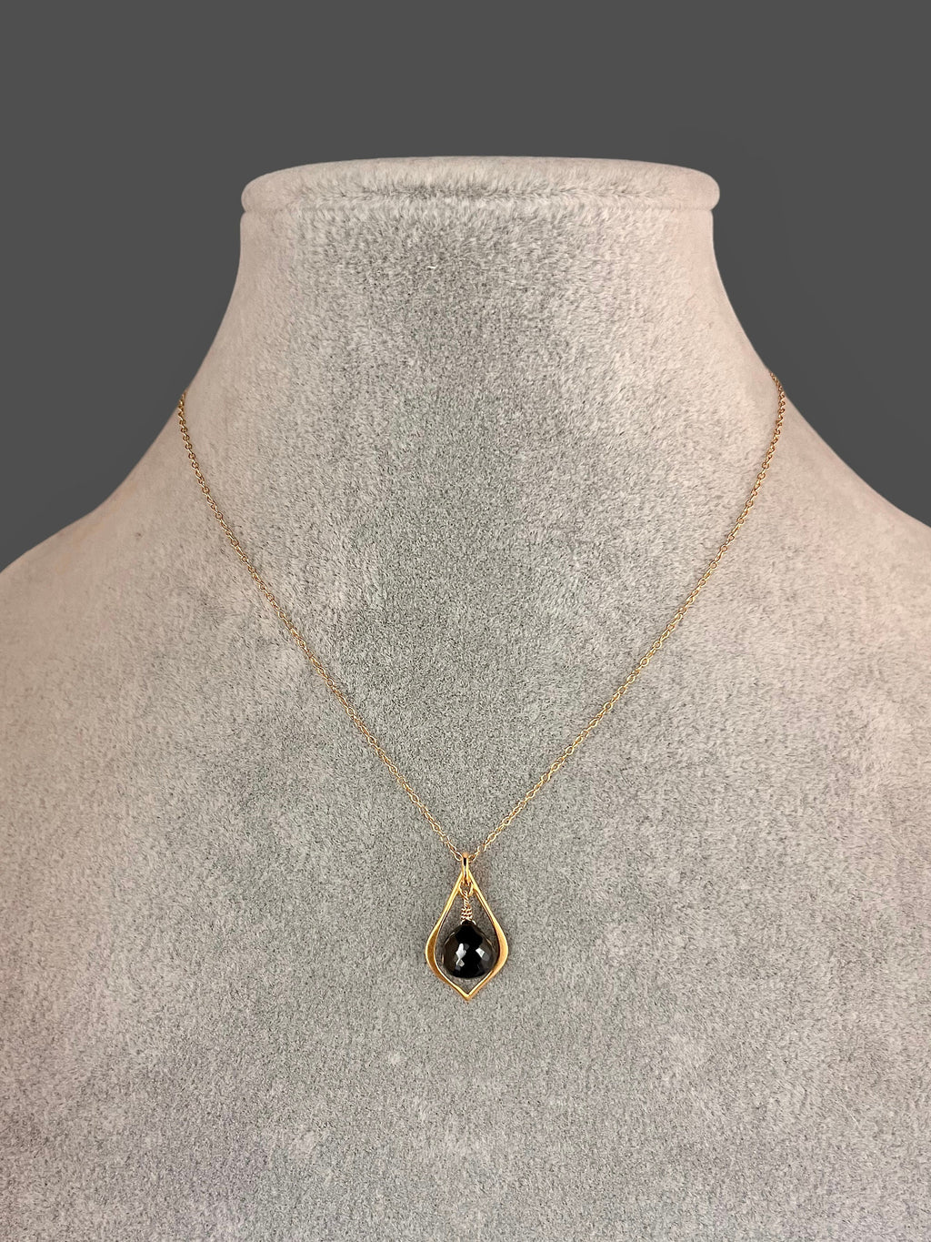 Black Spinel Teardrop Pendant Necklace in Matte Gold Vermeil on Gold Filled Chain