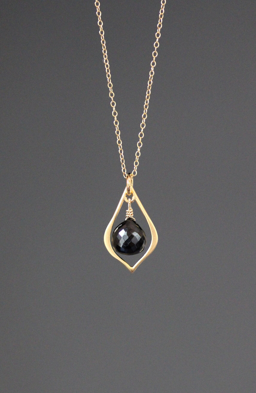 Black Spinel Teardrop Pendant Necklace in Matte Gold Vermeil on Gold Filled Chain